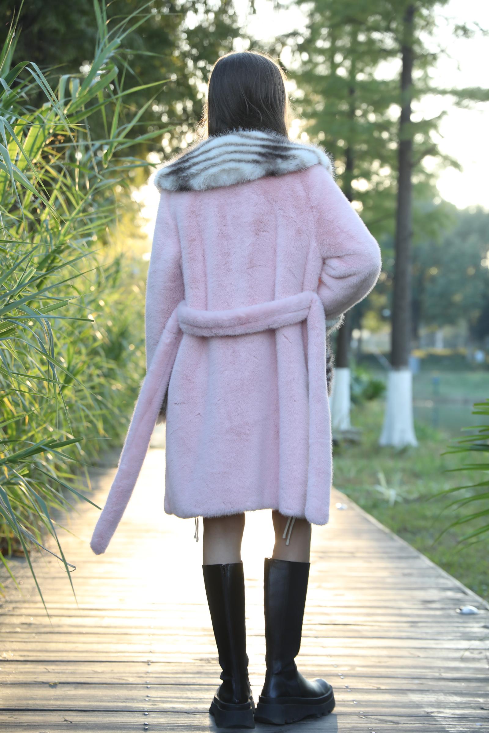 Women's Winter Large Lapel Striped Faux Mink Coat Eco-Fur Pink Coat - Janefur