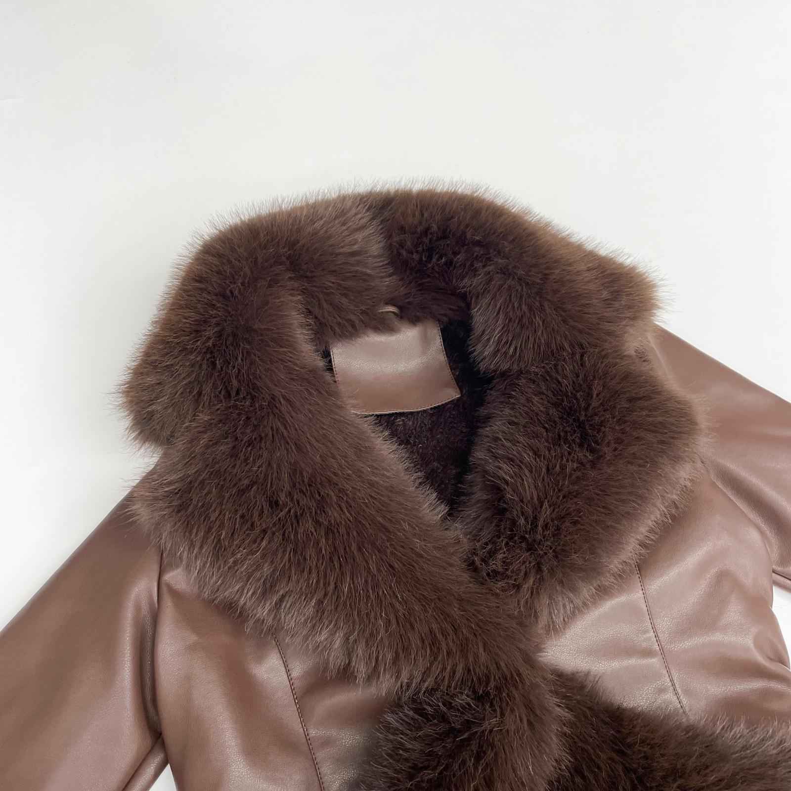 Eco-Friendly Leather-Like Faux Fur Trendy Suit Collar Buttoned Leather Coat - Janefur