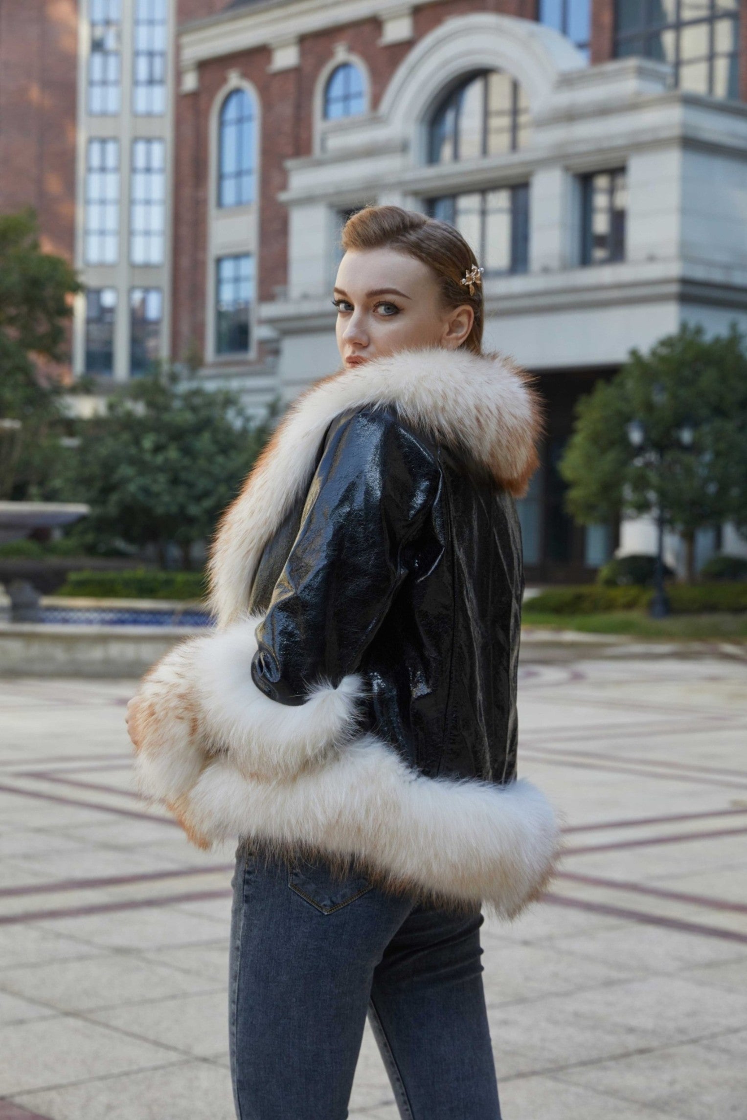 Women's shiny raccoon fur lapel down liner coat - Janefur