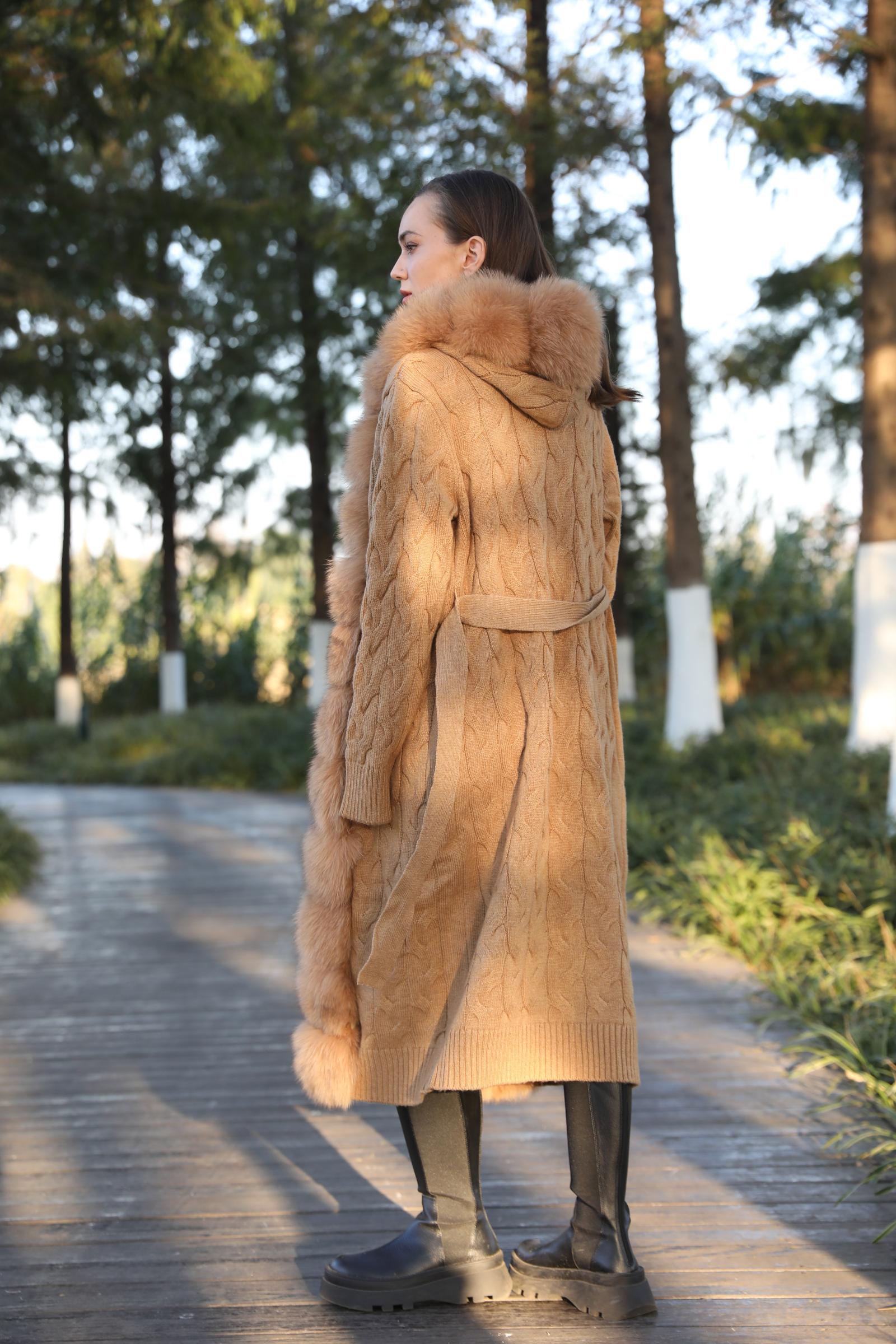 Women's Winter Fox Fur Lapel Hooded Knit Wool Fashion Long Coat - Janefur
