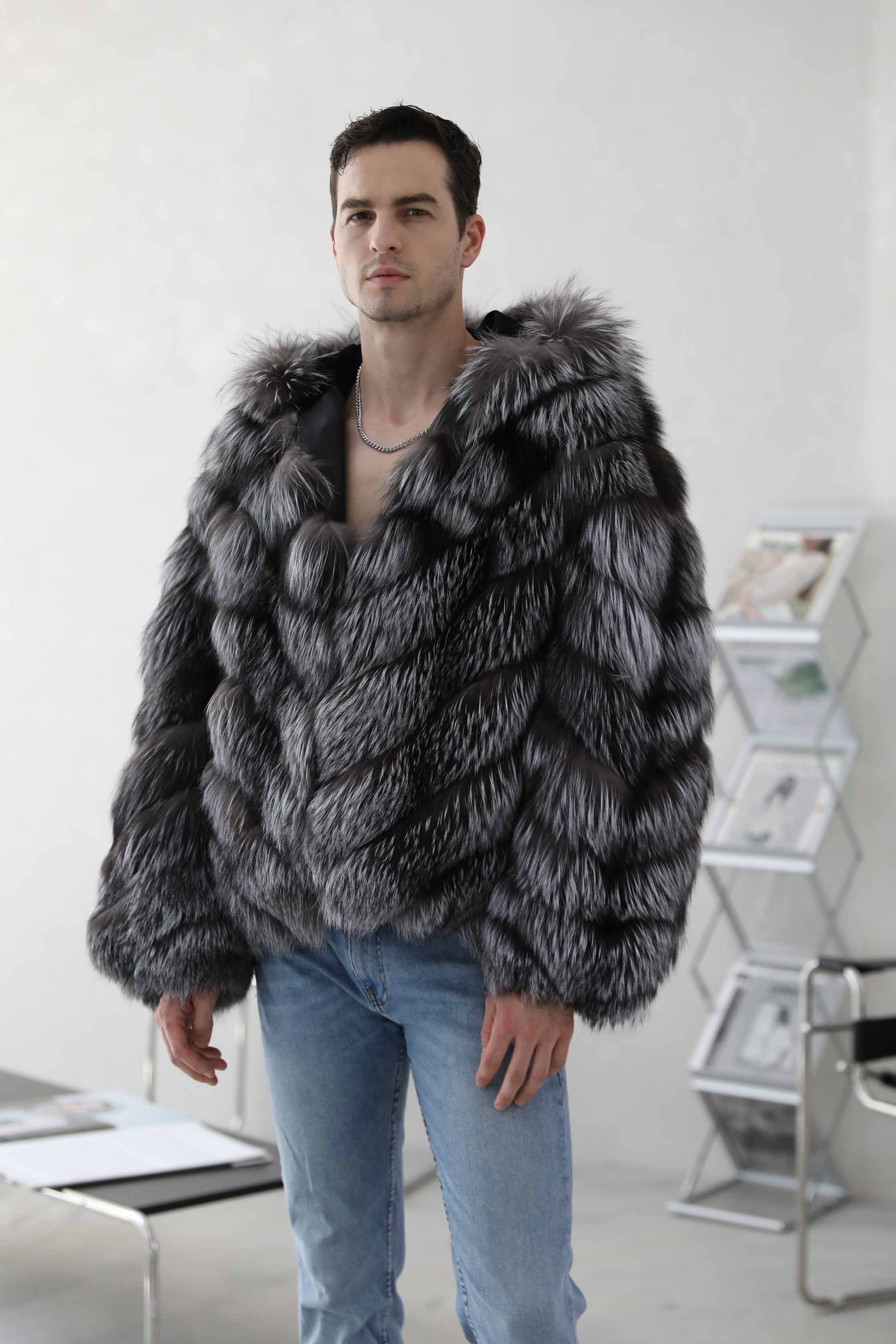 Hooded Luxury Diagonal Stripe Fox Fur Jacket Warm Men's Coat - Janefur