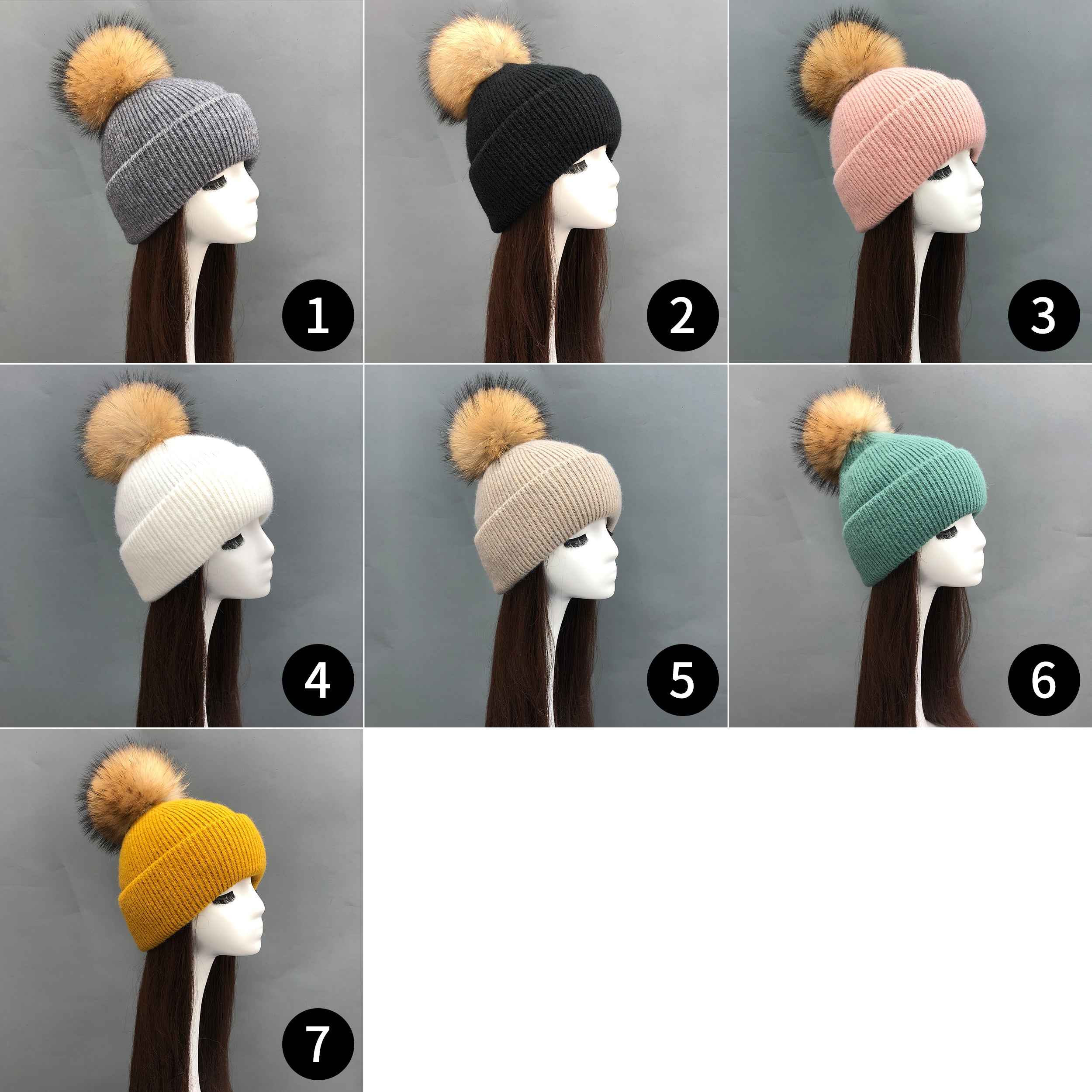 Wholesale Fine Ribbed Rabbit Fur Knit Beanie – Raccoon Fur Pompom Top, Warm Winter Hat for Women, Premium Quality in Bulk