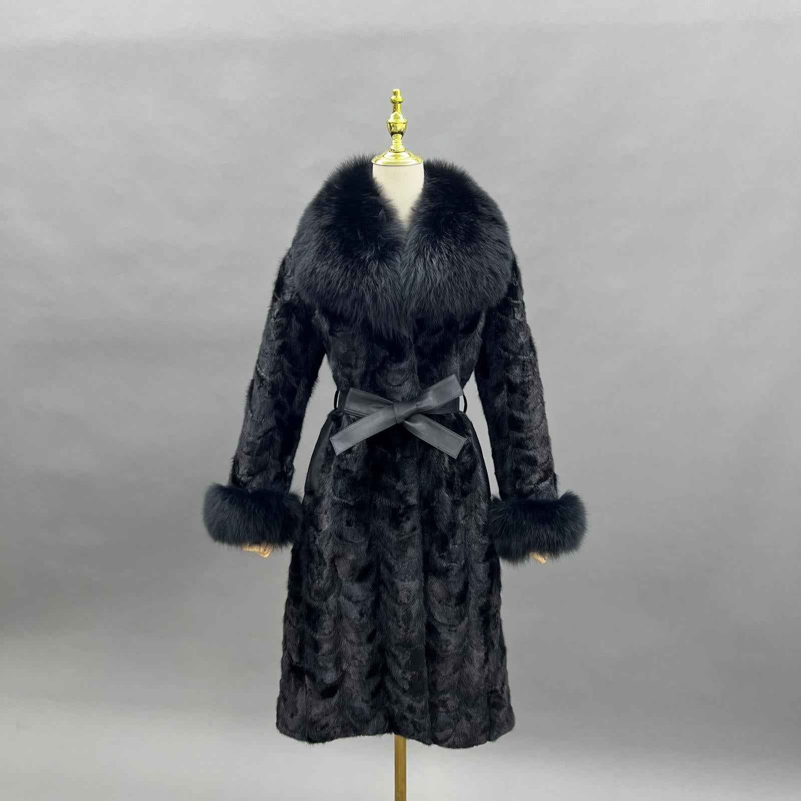 Fox Fur Collar Women's Mink-trimmed Belted Fashionable Coat Fur Jacket - Janefur