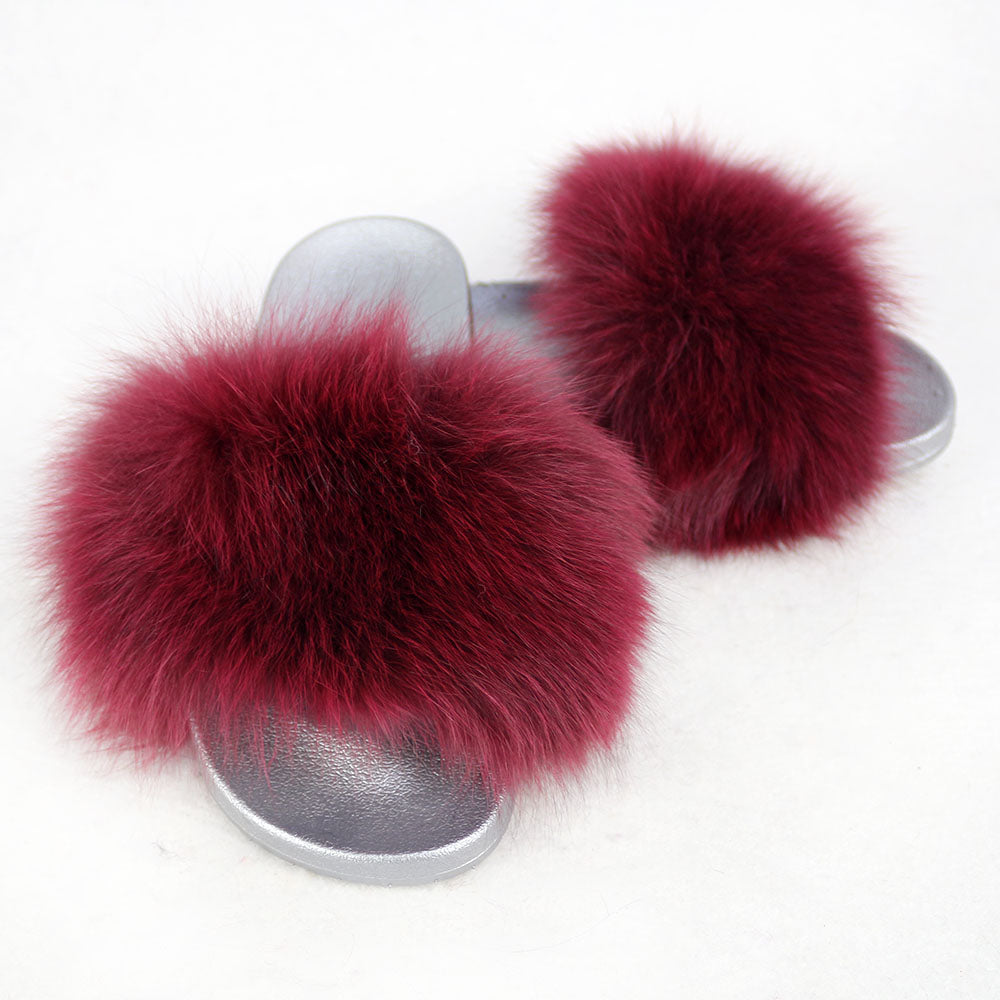 Janefur Wholesale Women's Fashion Slippers With Real Fox Fur Trim (Black, Gold, Silver Soles)