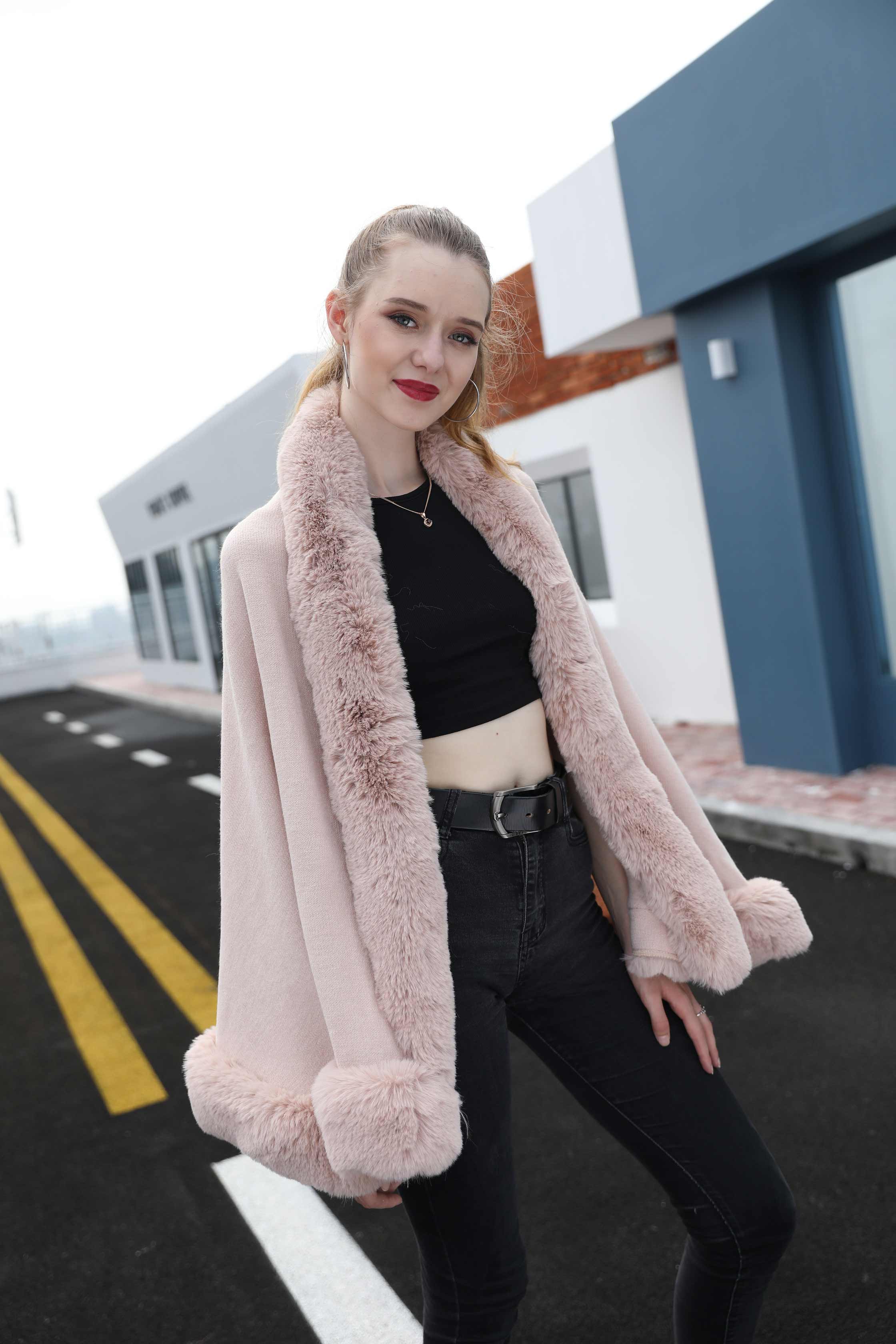 Janefur Wholesale Fashion Women Knitted Cape Shawl with Faux Fur Trim - Janefur
