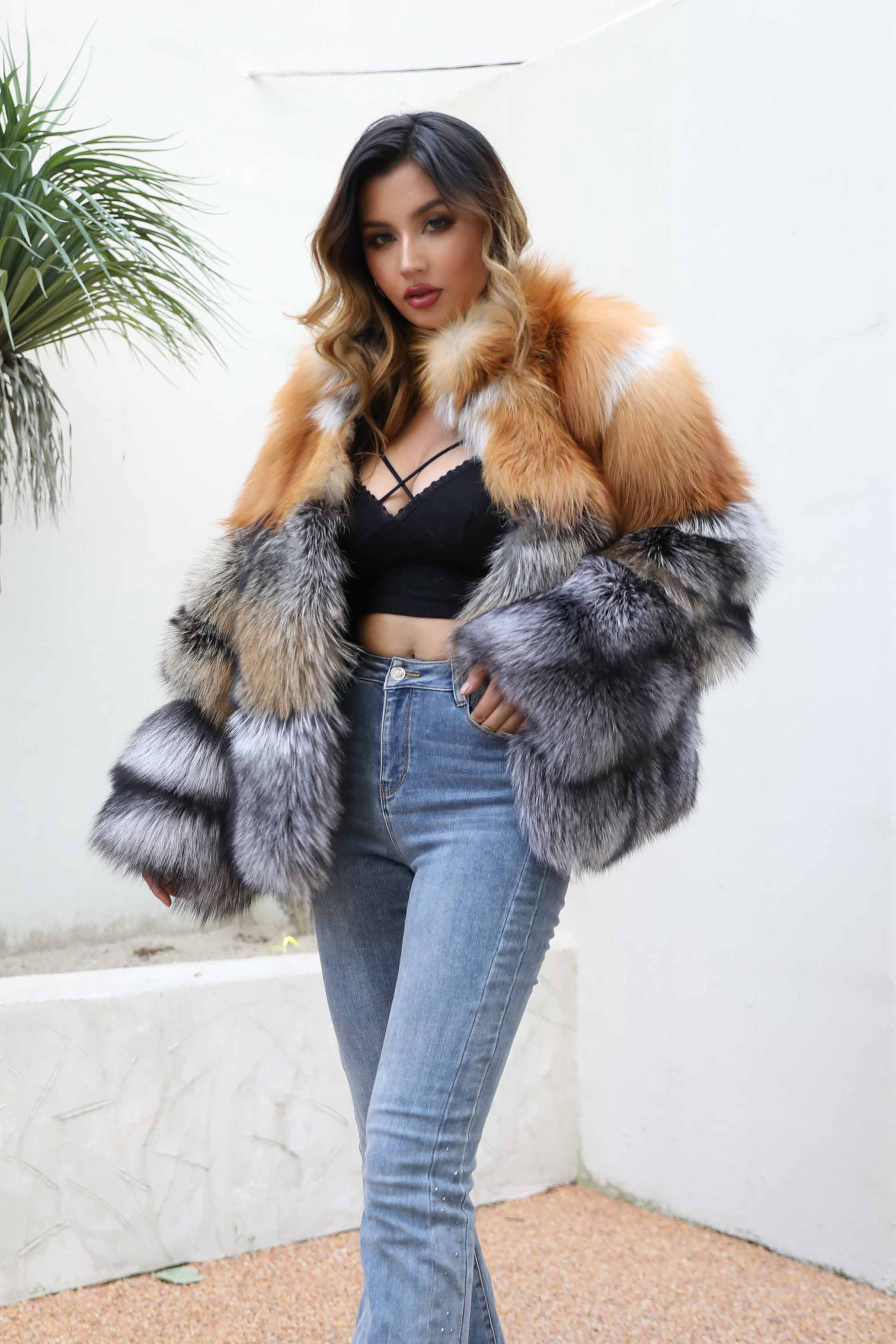 Standing Collar Real Fox Fur Silver Fox Winter Women's Coat - Janefur