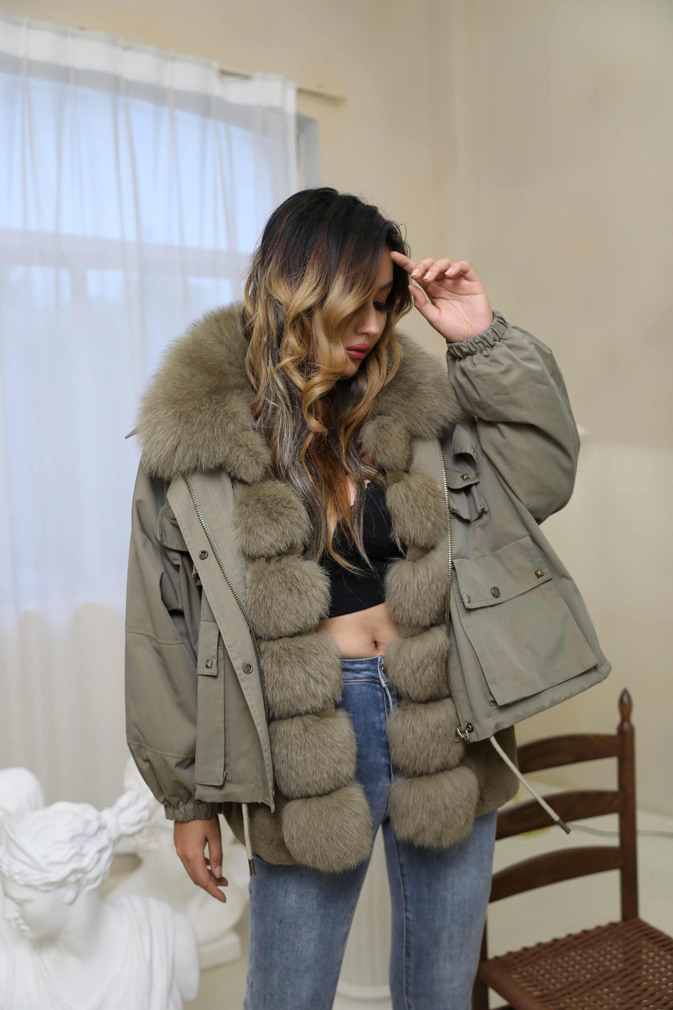 Women's Winter Warm Multi-Pocket Coat Rabbit Fur Tank Fox Placket Parka - Janefur