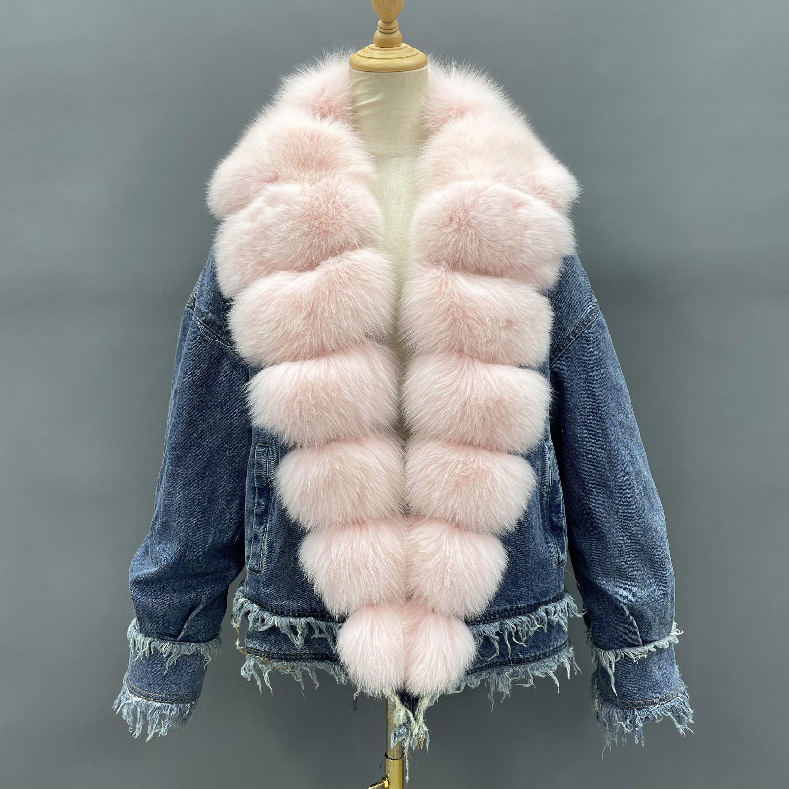 Women's Denim Jacket Leather Large Fox Fur Collar Winter Luxury Coat Fluffy Jacket Denim Blue Down Outerwear - Janefur