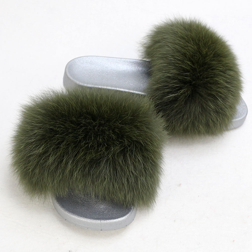 Janefur Wholesale Women's Fashion Slippers With Real Fox Fur Trim (Black, Gold, Silver Soles)