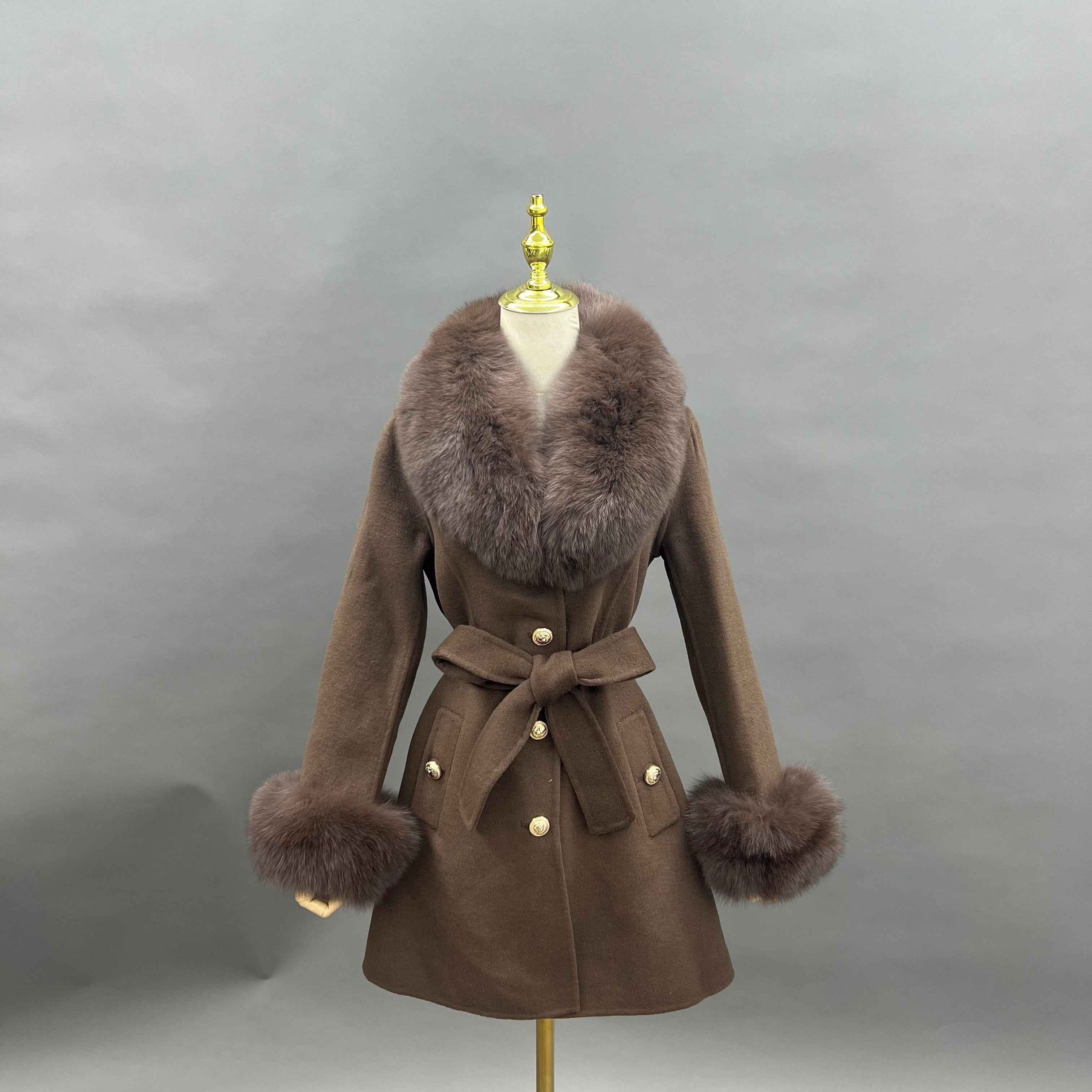 Women's Blue Double-Faced Wool Coat with Real Fox Fur Collar – Belted Bow Design, Stylish Winter Outerwear for Women 16#Dark Taupe