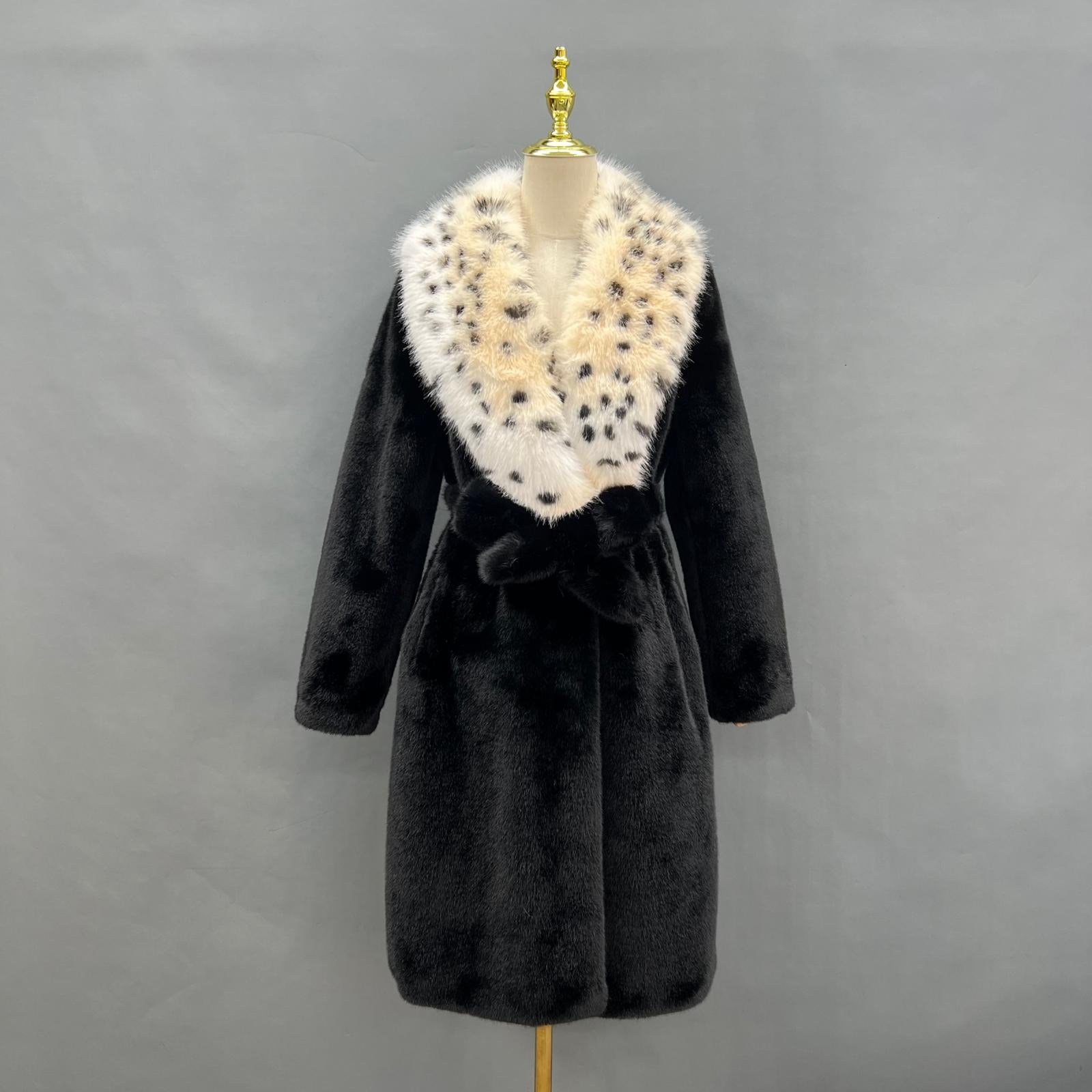 Women's Chic Leopard Print Large Lapel Faux Mink Eco-Friendly Fur Coat - Janefur