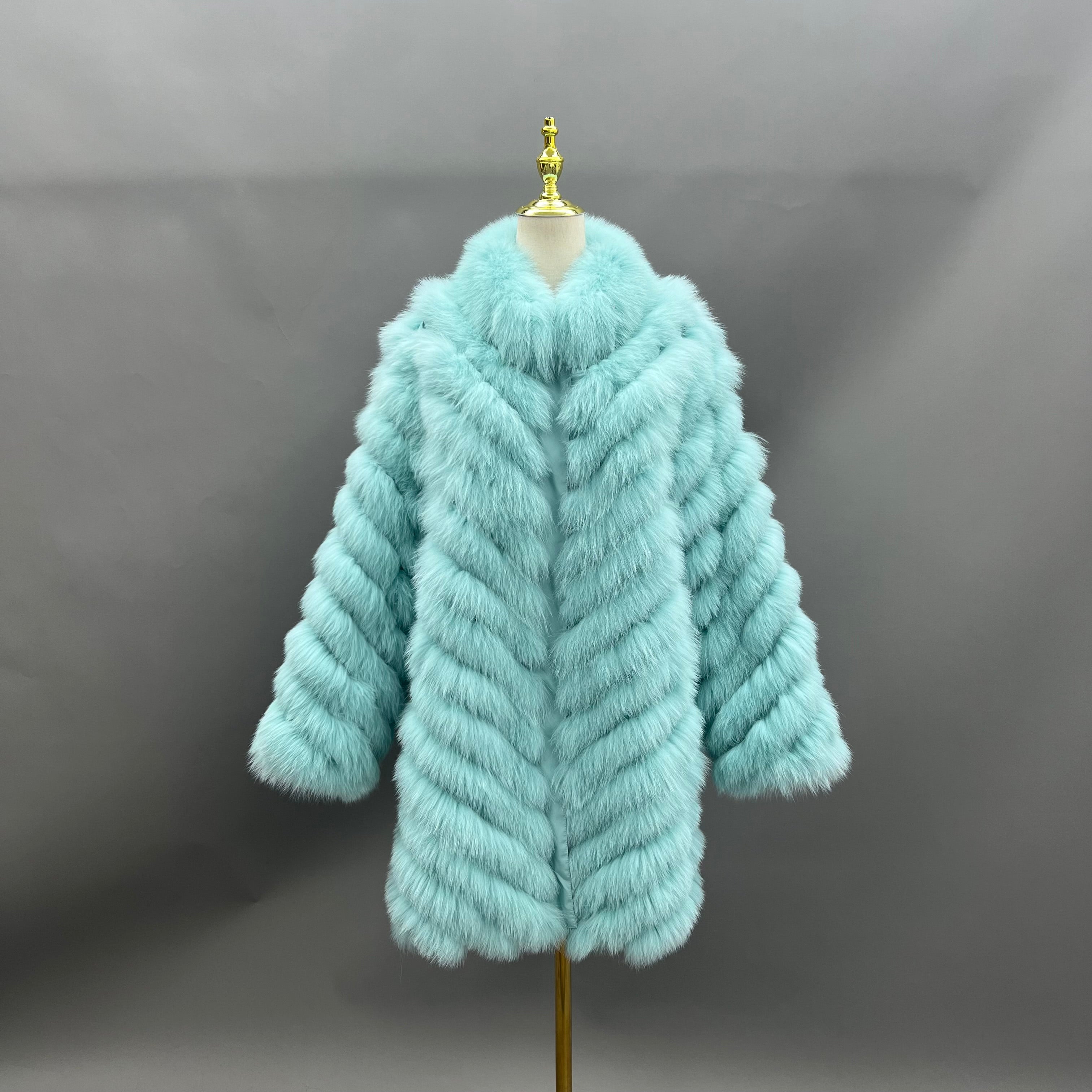 Reversible Long Jacket With Fox Fur And Diagonal Stripes 11#Light blue Click chat with us