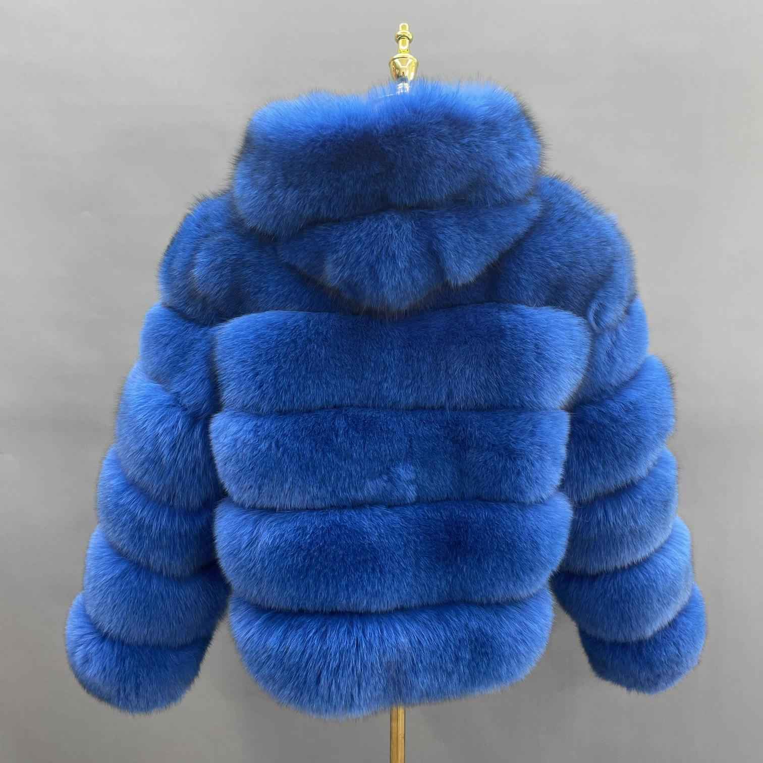Women's Short Winter Trend Real Fox Fur Coat Solid Color Hooded - Janefur