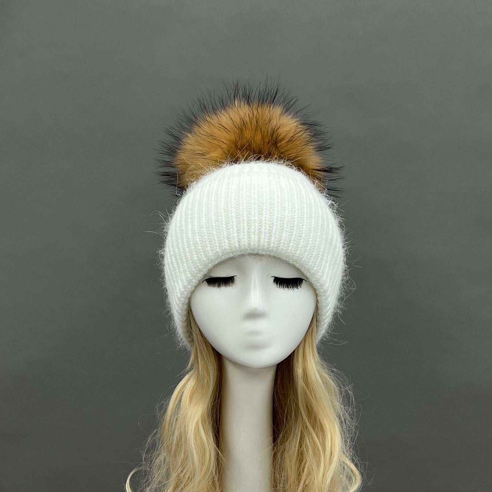 Women's Fashion Thin Striped Rabbit Fur Pom Pom Hat - Janefur