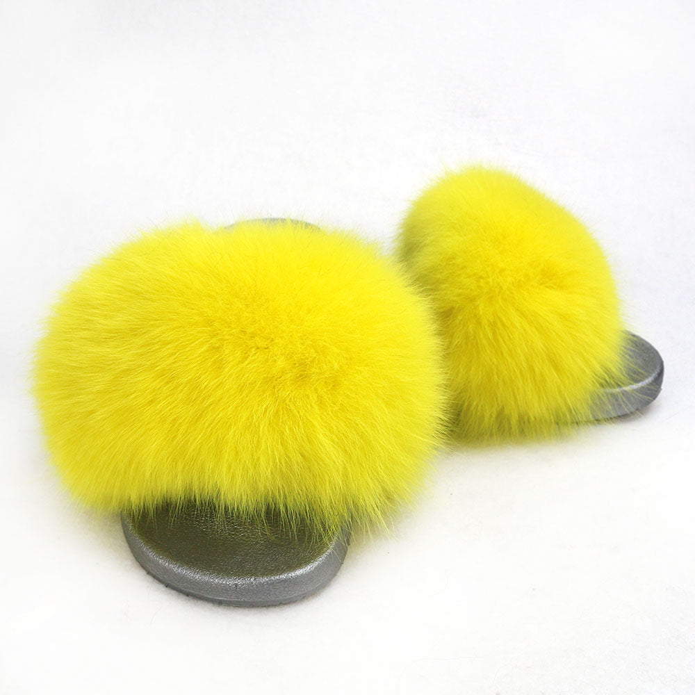 Janefur Wholesale Women's Fashion Slippers With Real Fox Fur Trim (Black, Gold, Silver Soles)