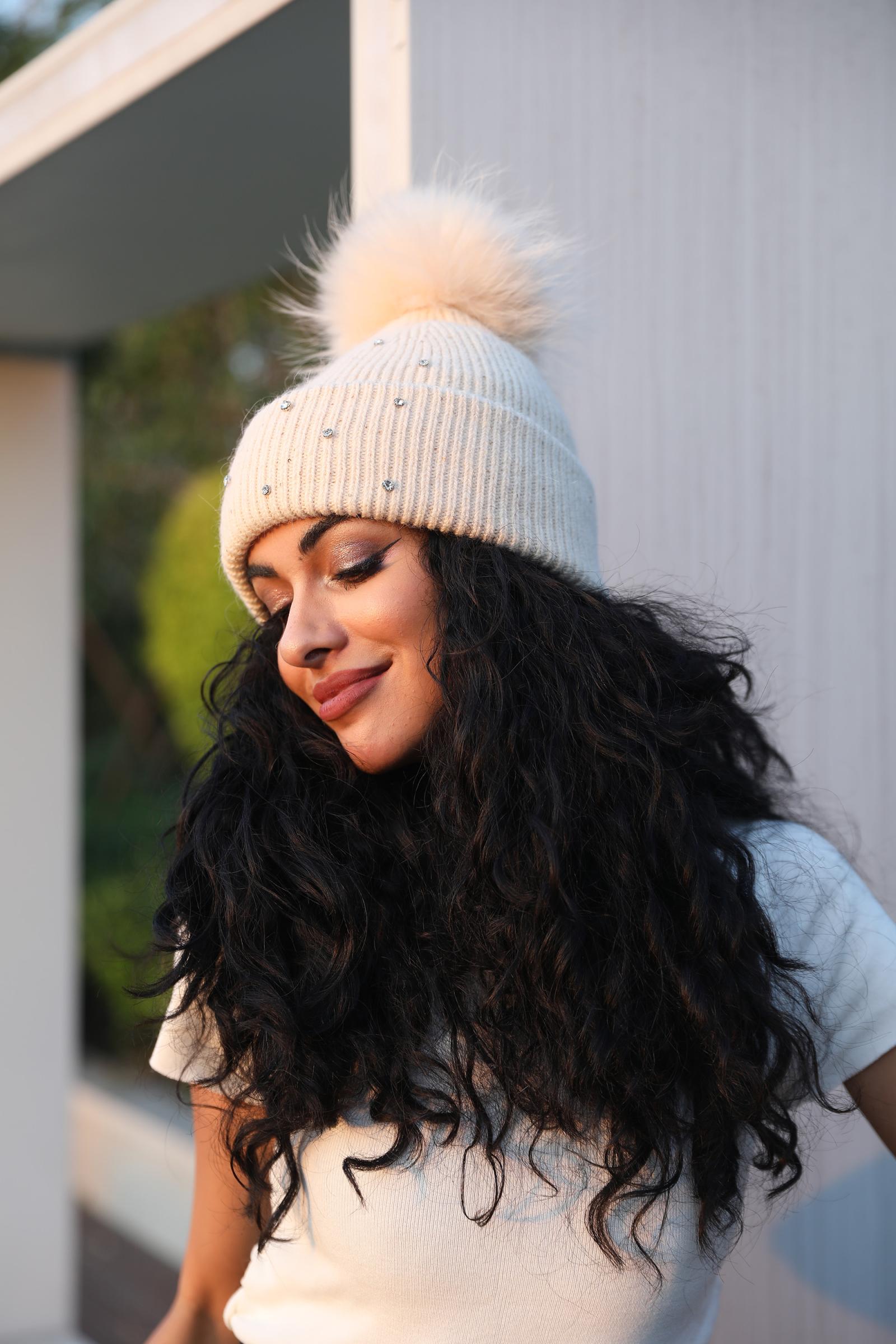 Women's Warm and Casual Rabbit Fur Hat with Sparkling Fur Pompoms - Janefur