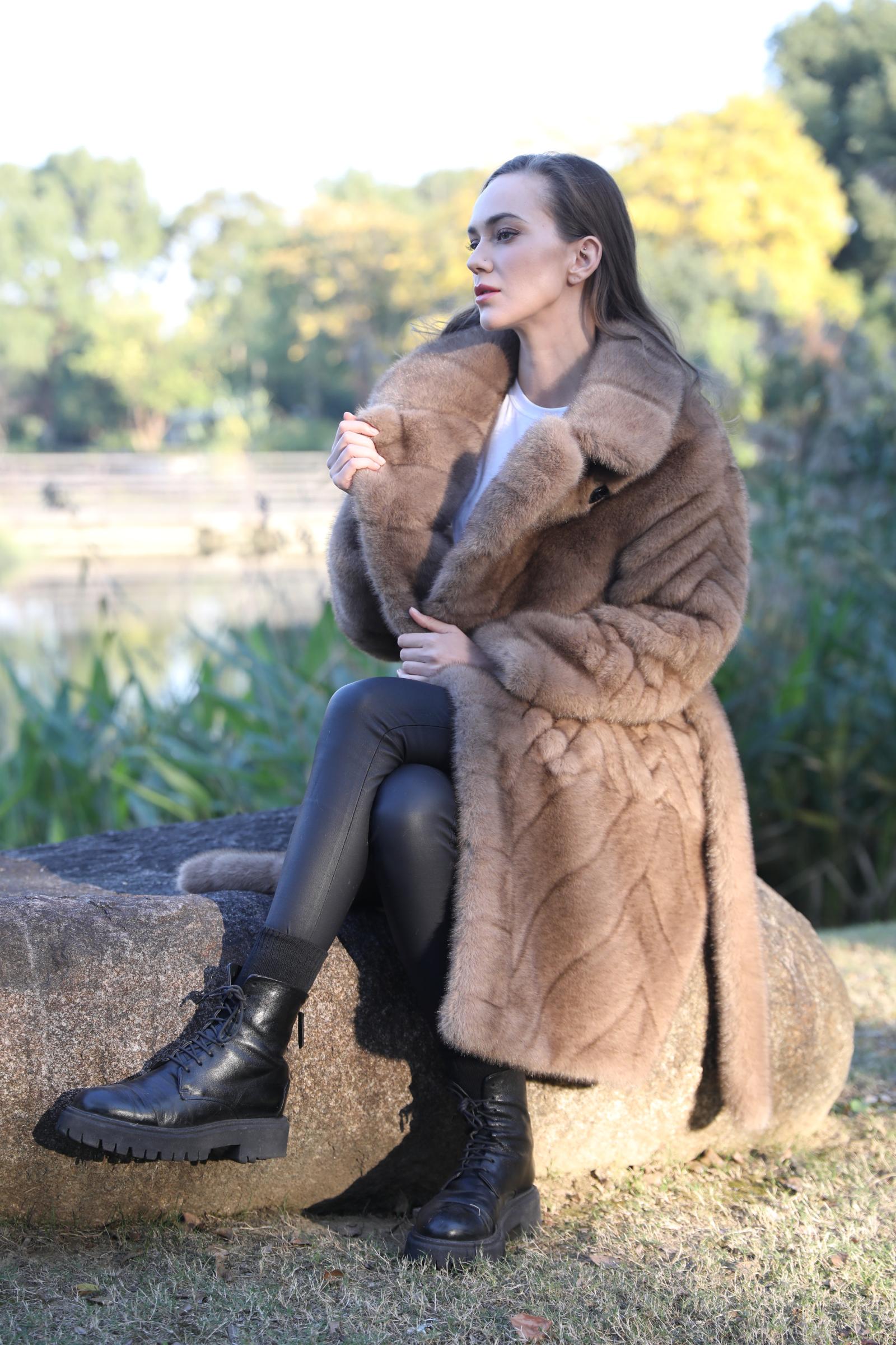 Women's New Fashionable Brown Lace-up Long Faux/Eco Mink Coat - Janefur