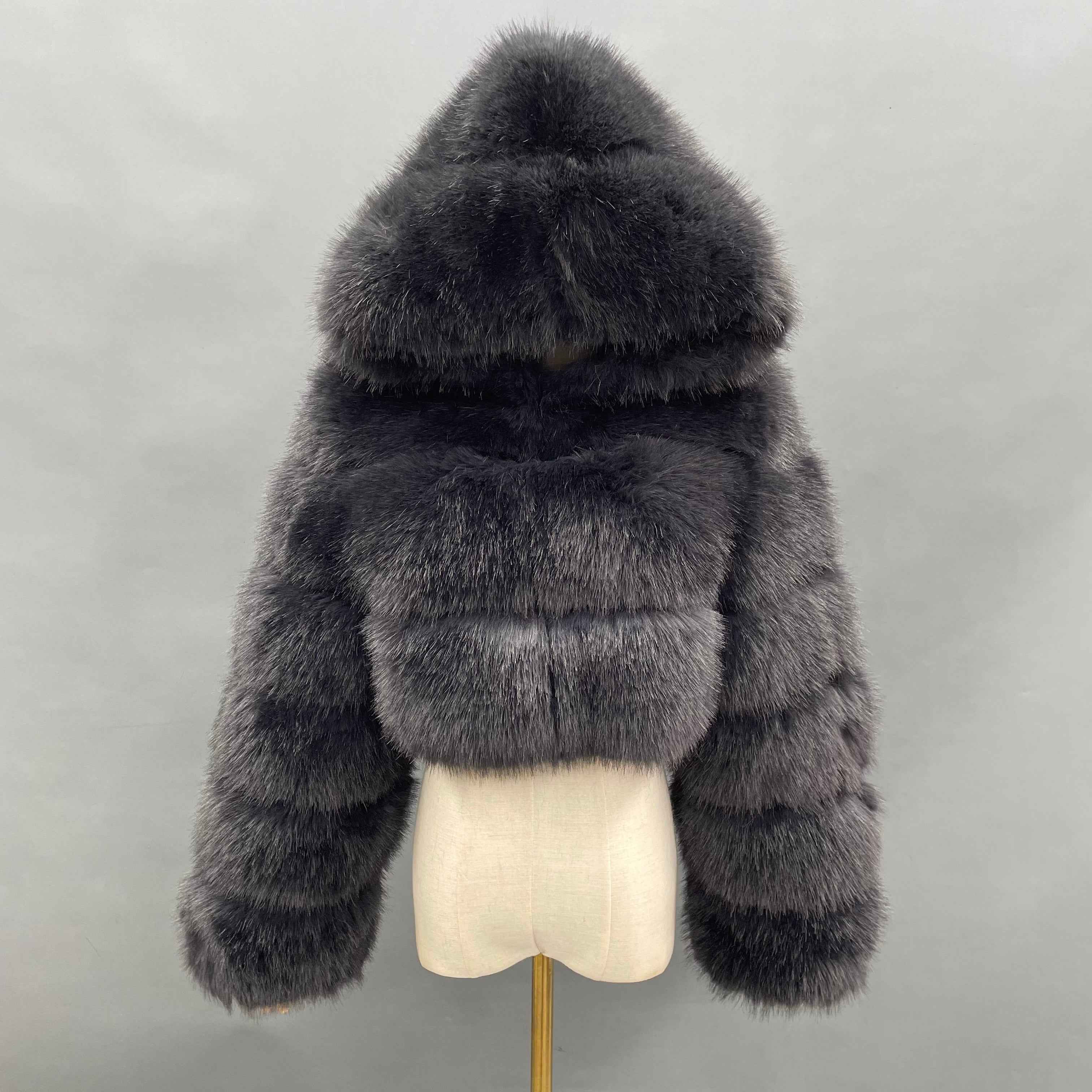 Three - Panel Faux Fur Cropped Hooded Coat