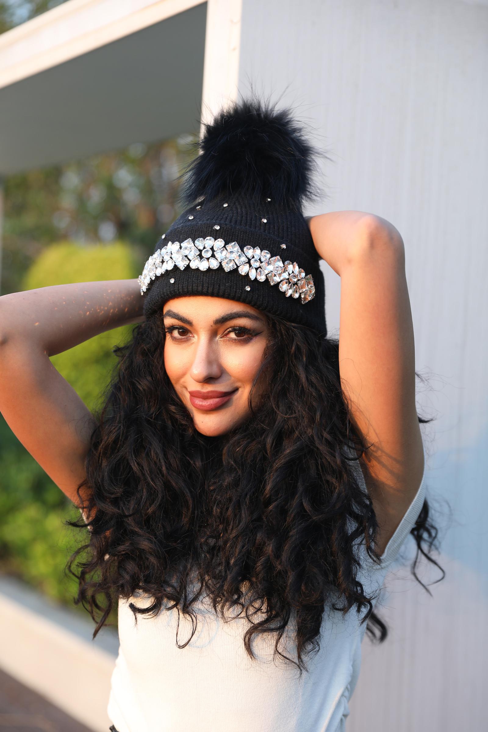 Women's Rabbit Fur Hat with Large Crystal-Studded Pompoms for Casual Wear - Janefur