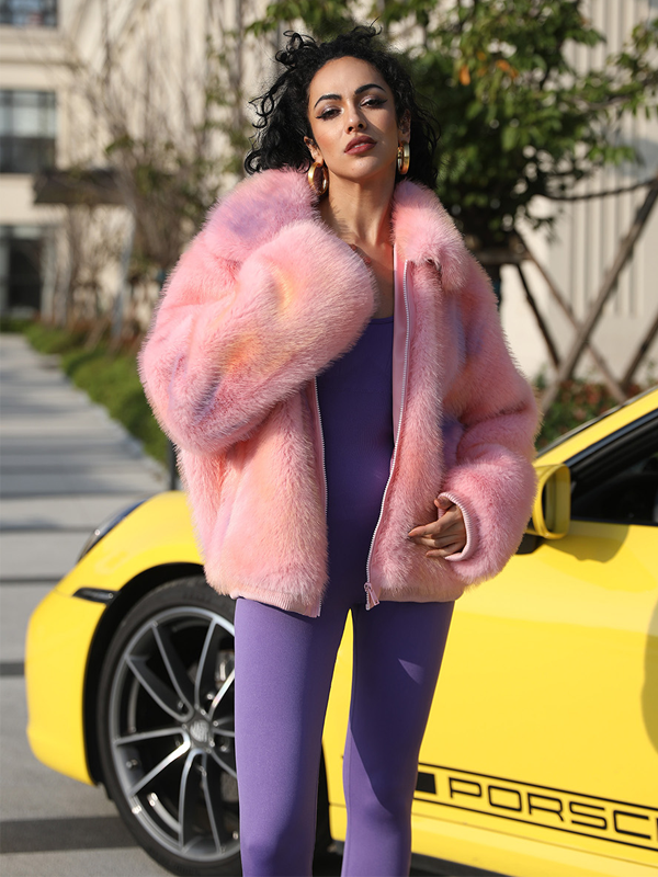 Lapel Zipper Womens Short Gorgeous Pink Faux Fur Jacket - Janefur