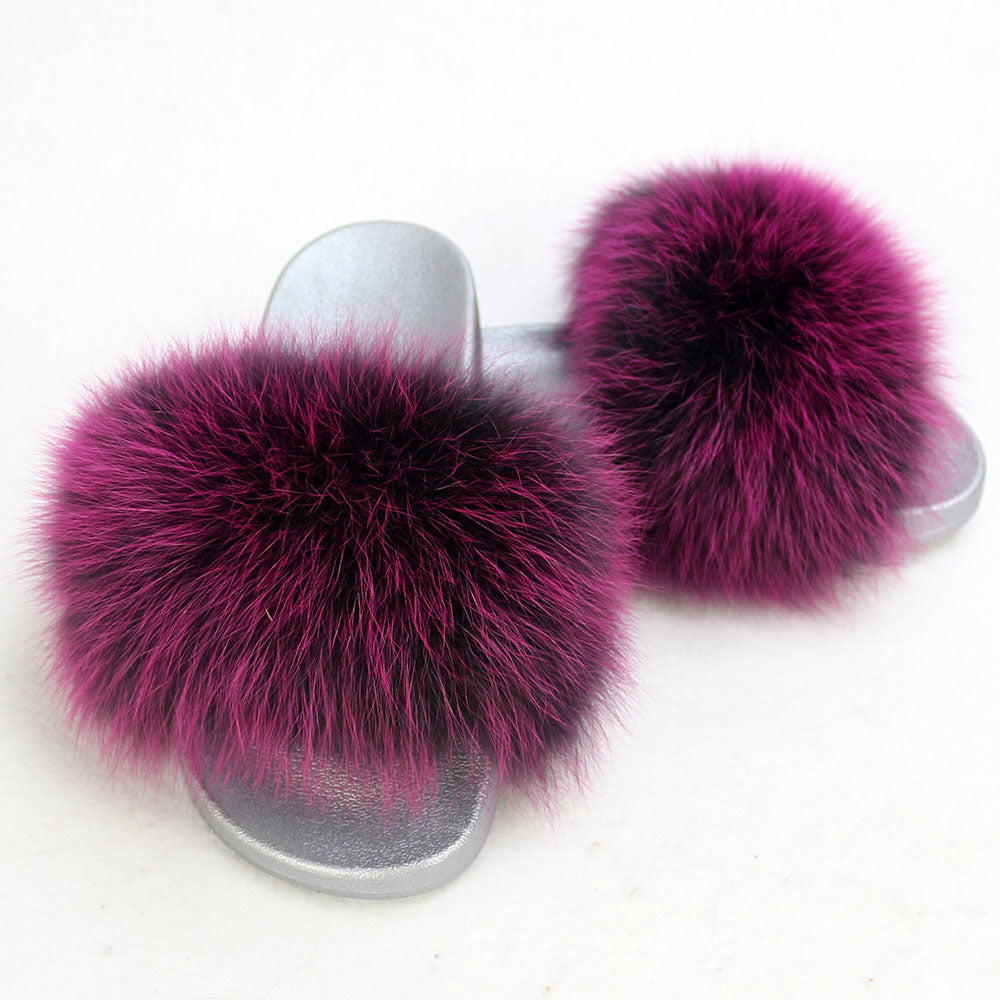 Janefur Wholesale Women's Fashion Slippers With Real Fox Fur Trim (Black, Gold, Silver Soles)