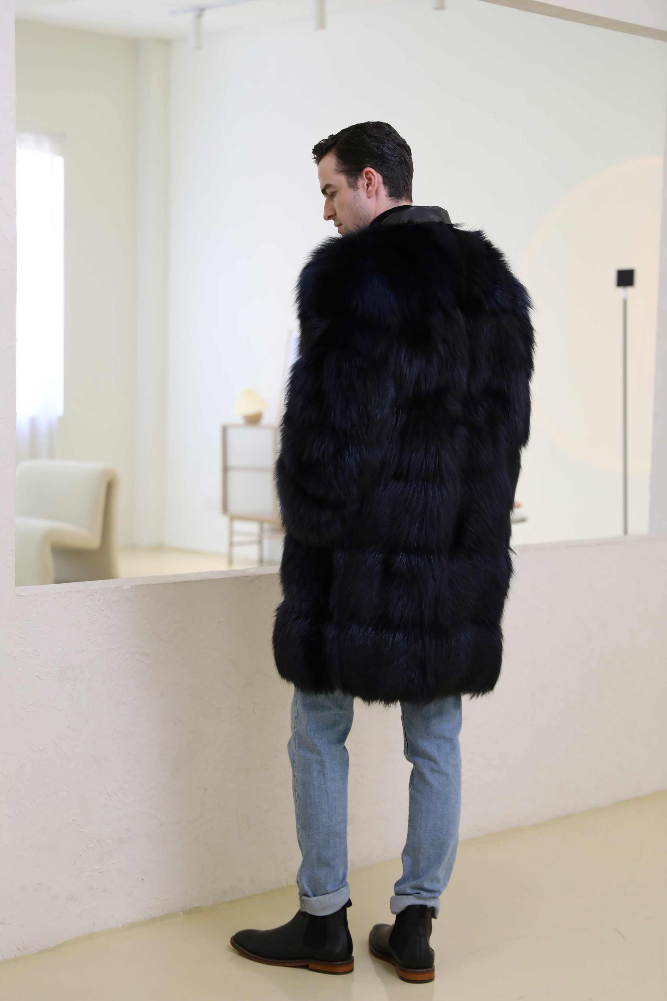 Winter New Leather Collar Button Design Men's Real Fox Fur Coat - Janefur
