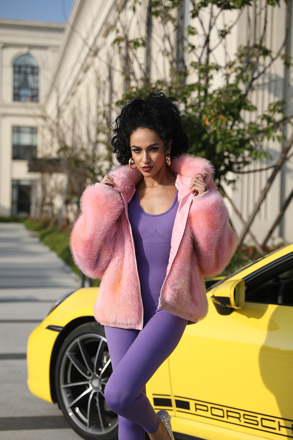 Janefur Lapel Zipper Womens Short Gorgeous Pink Faux Fur Jacket - Janefur