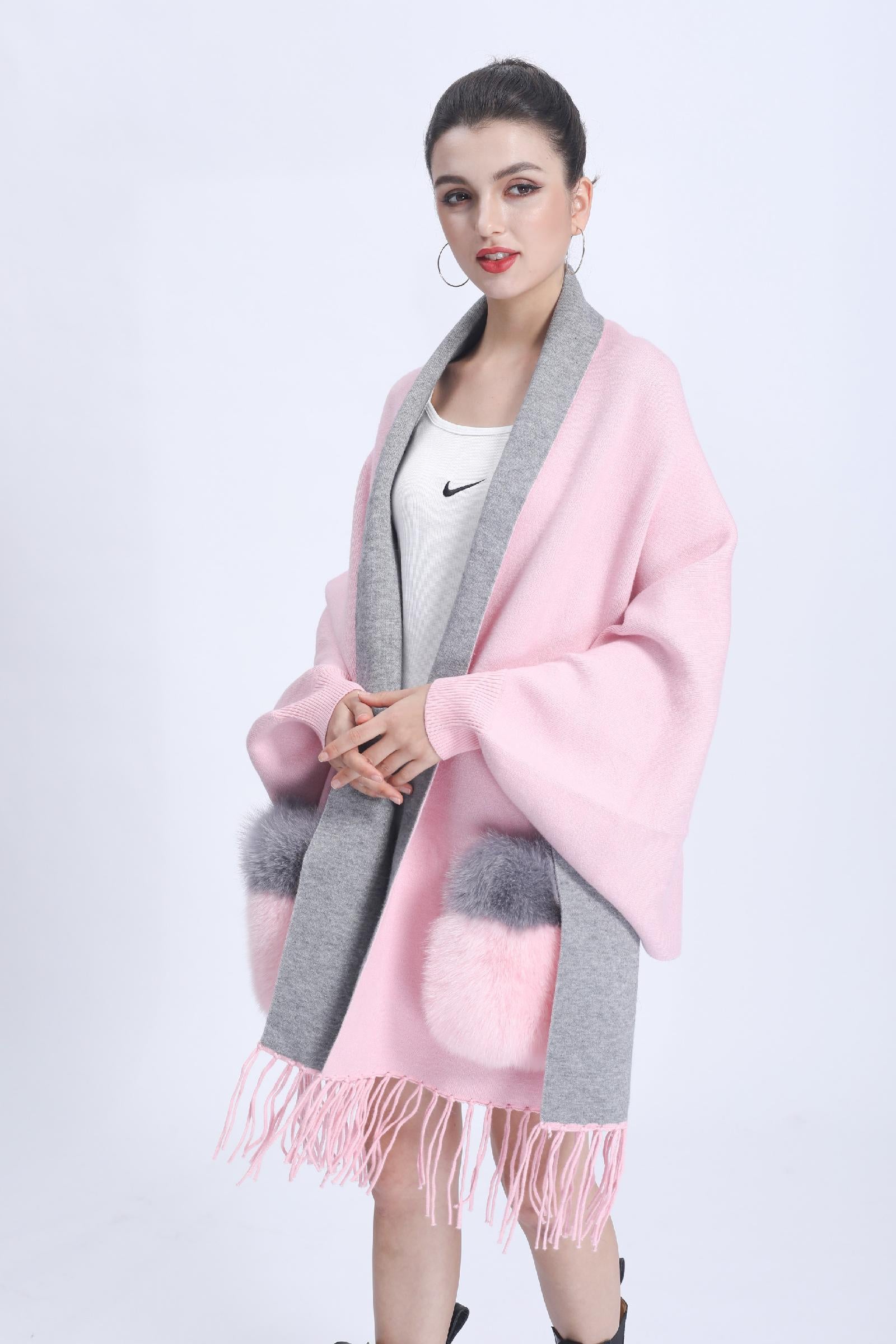 Women's Shawl Cape with Pockets Fur Contrast Ribbed Cuffs Fashionable Soft Sleeved New Cape - Janefur