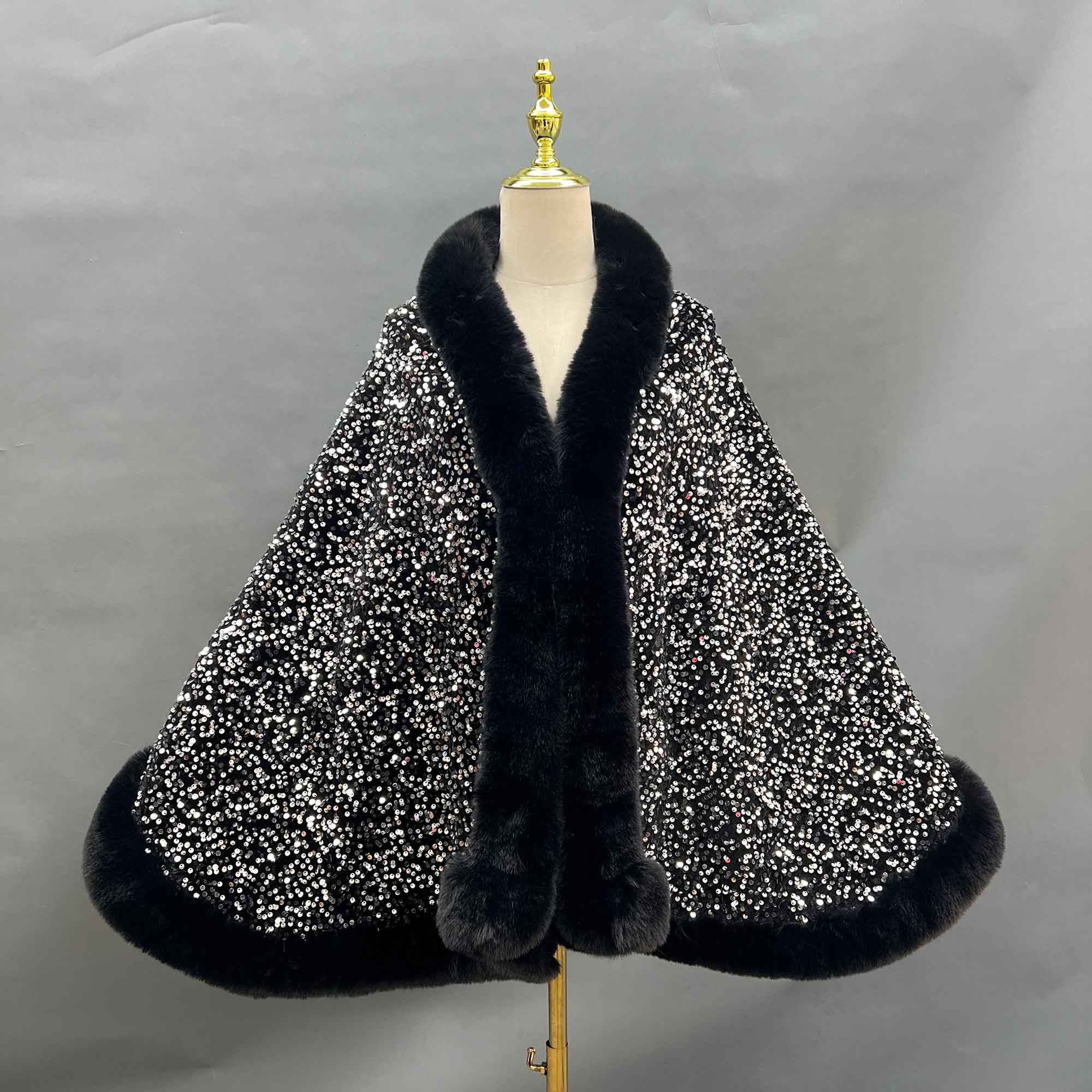 Janefur Fashionable Warm Faux Fur Sequined Cape Shawl - Janefur