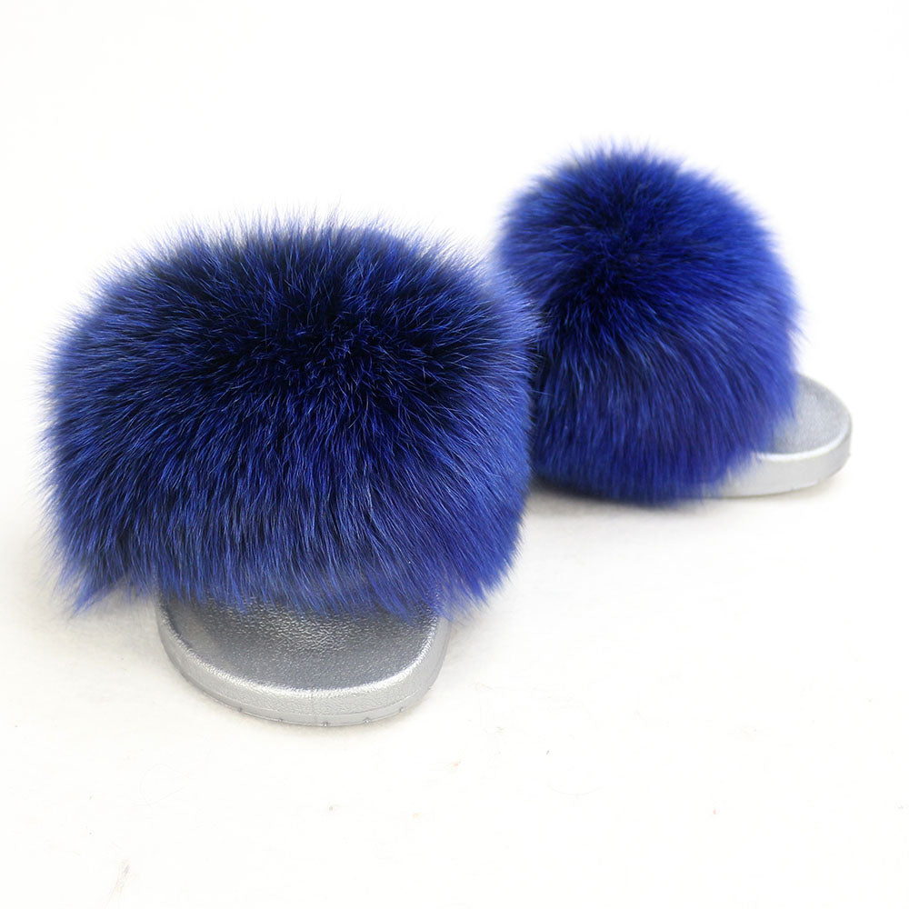 Janefur Wholesale Women's Fashion Slippers With Real Fox Fur Trim (Black, Gold, Silver Soles)