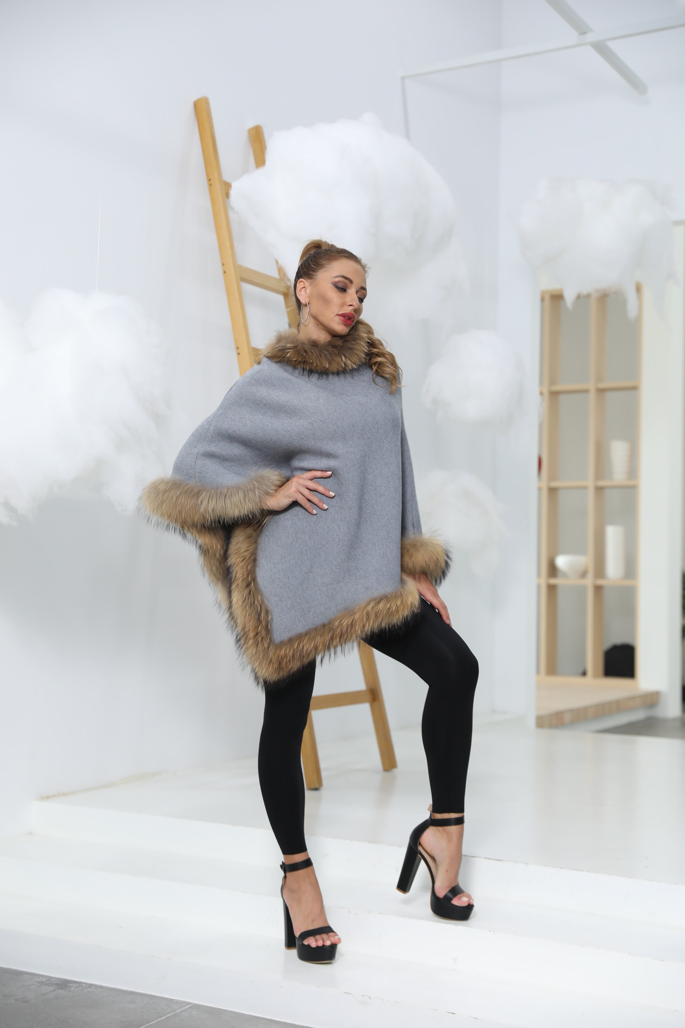 Collar and Hem Raccoon Fur Stripe Knitted Cape - Janefur