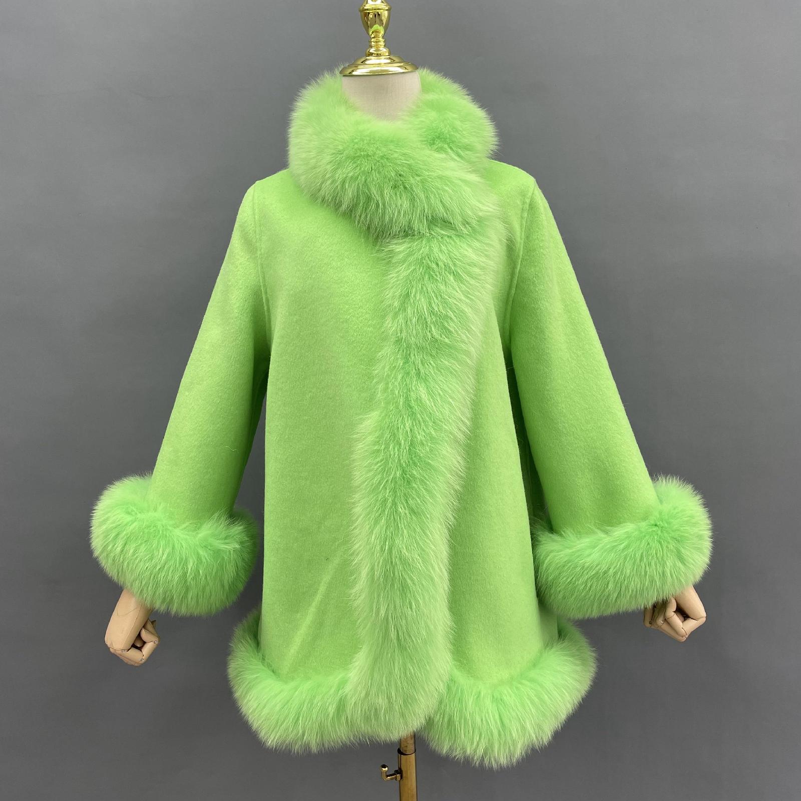 Women Elegant Style Cashmere Coat with Fox Fur Trim Shawl - Janefur