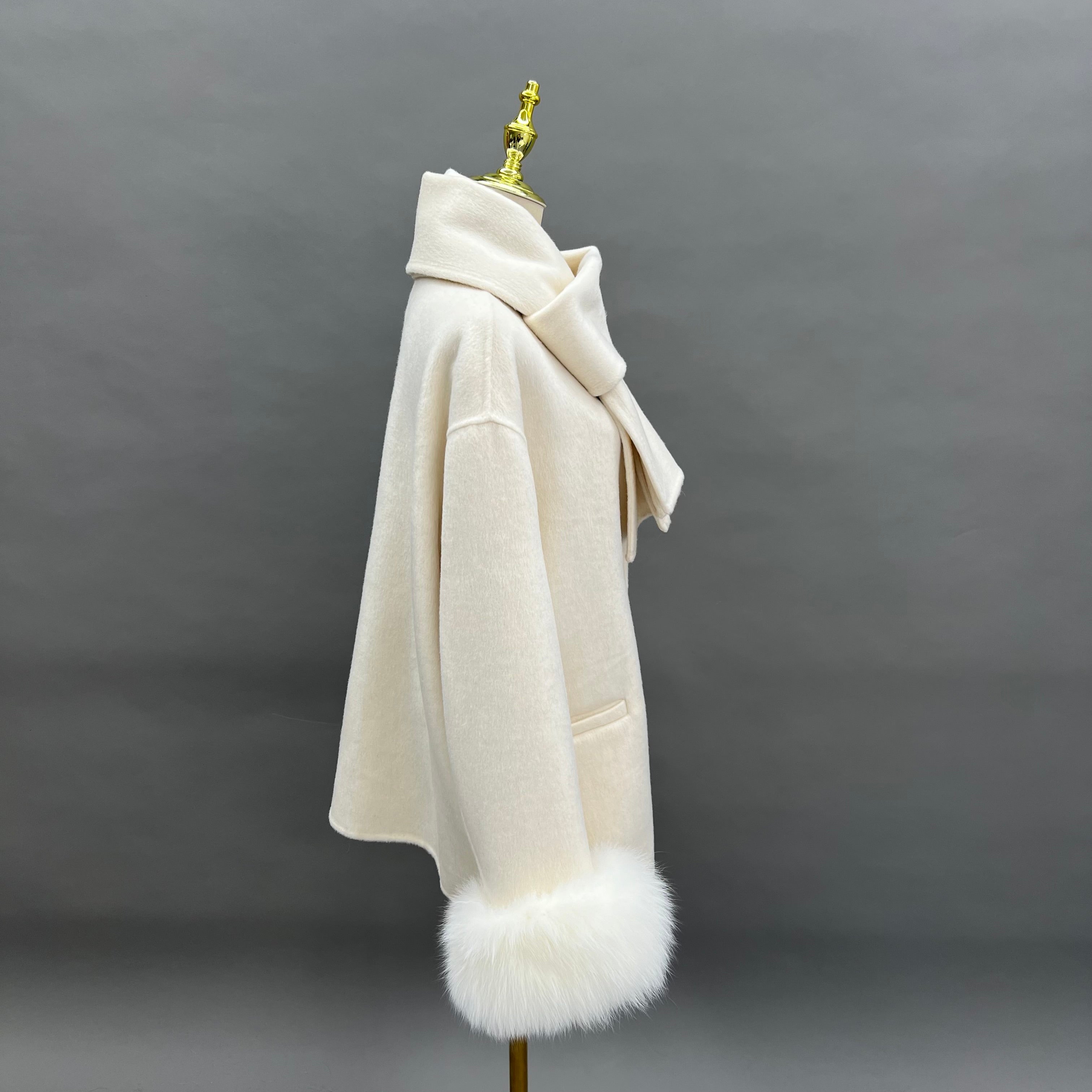 New Women’s Double-Faced Wool Coat with Scarf and Real Fox Fur Cuffs – Short Winter Jacket - Janefur