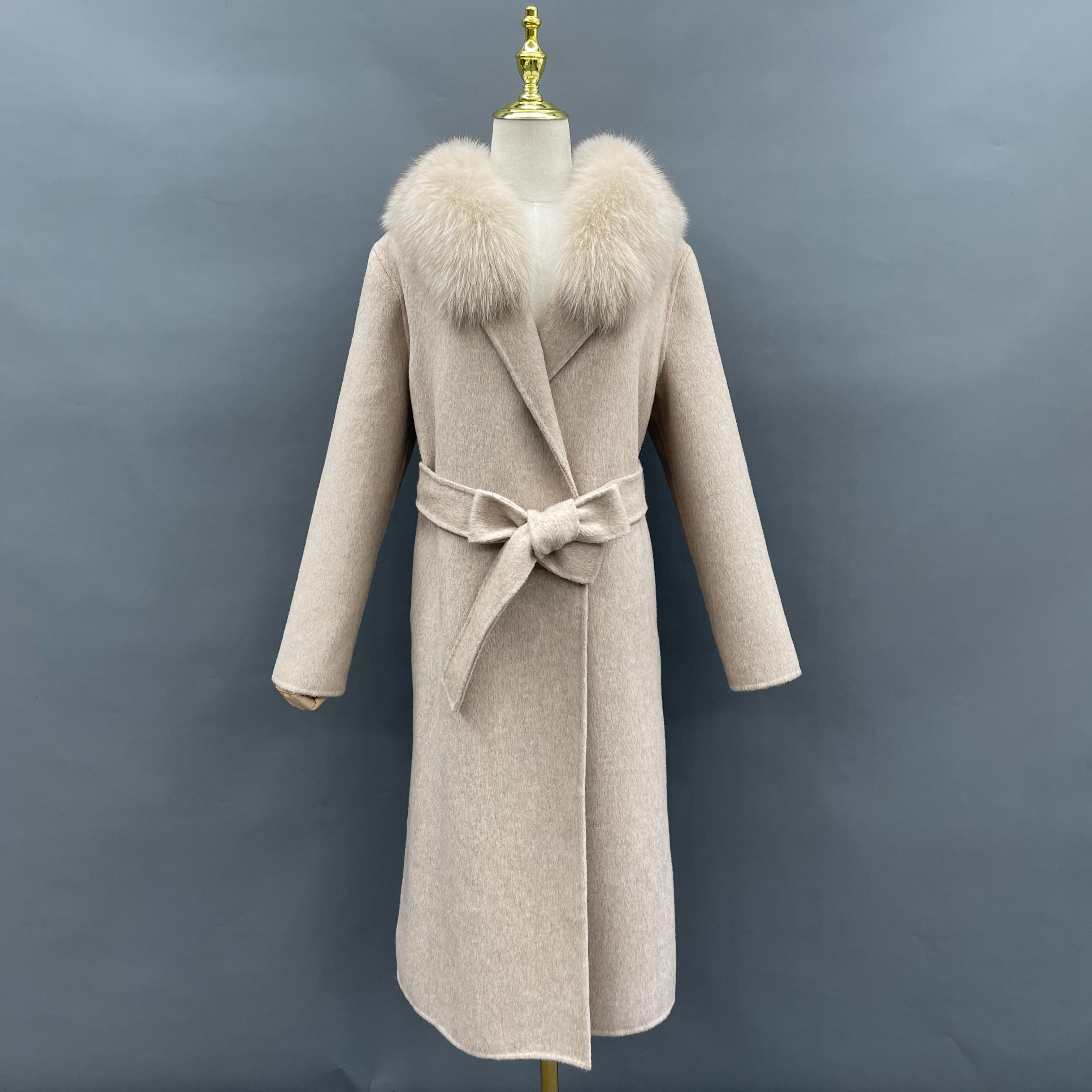 Women's French Slouchy Hooded Double Sided Cashmere Long Coat - Janefur