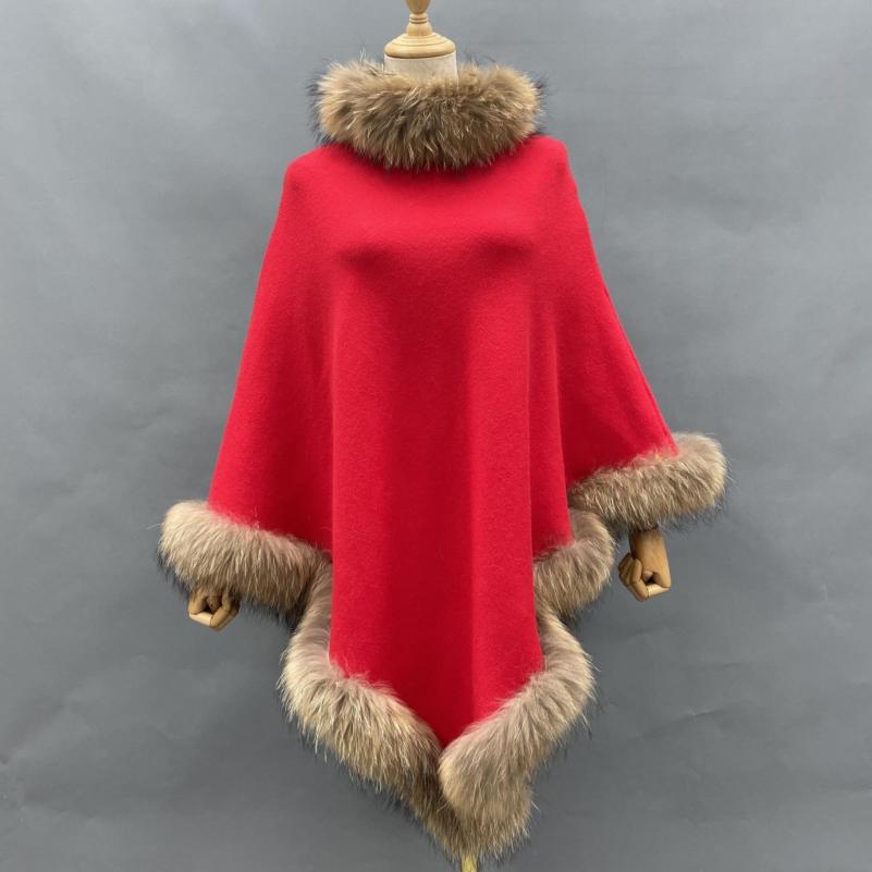 Collar and Hem Raccoon Fur Stripe Knitted Cape - Janefur
