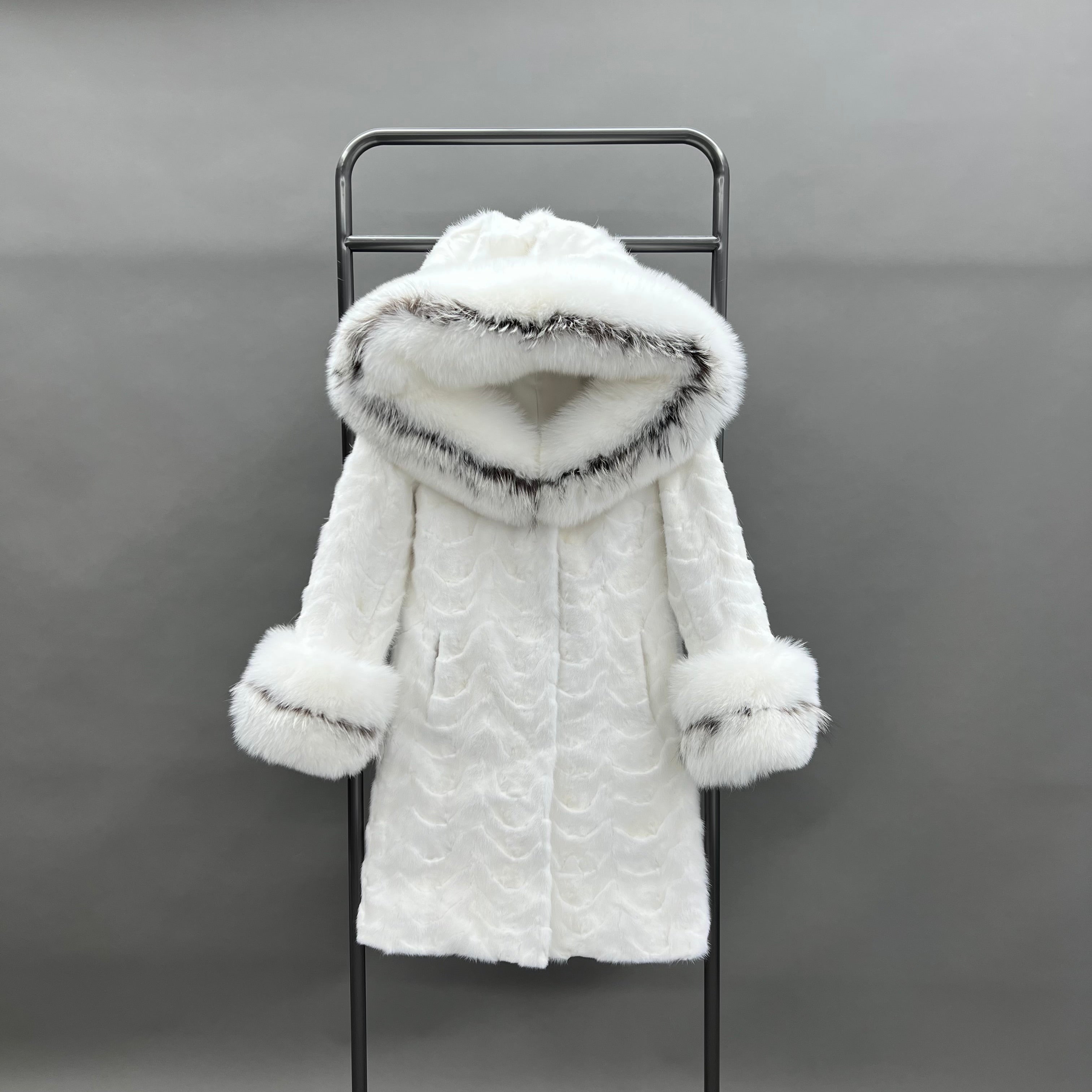 Luxury Long Mink Fur Coat with Fox Fur Hood & Cuffs – Women's Winter Warm Hooded Overcoat - Janefur