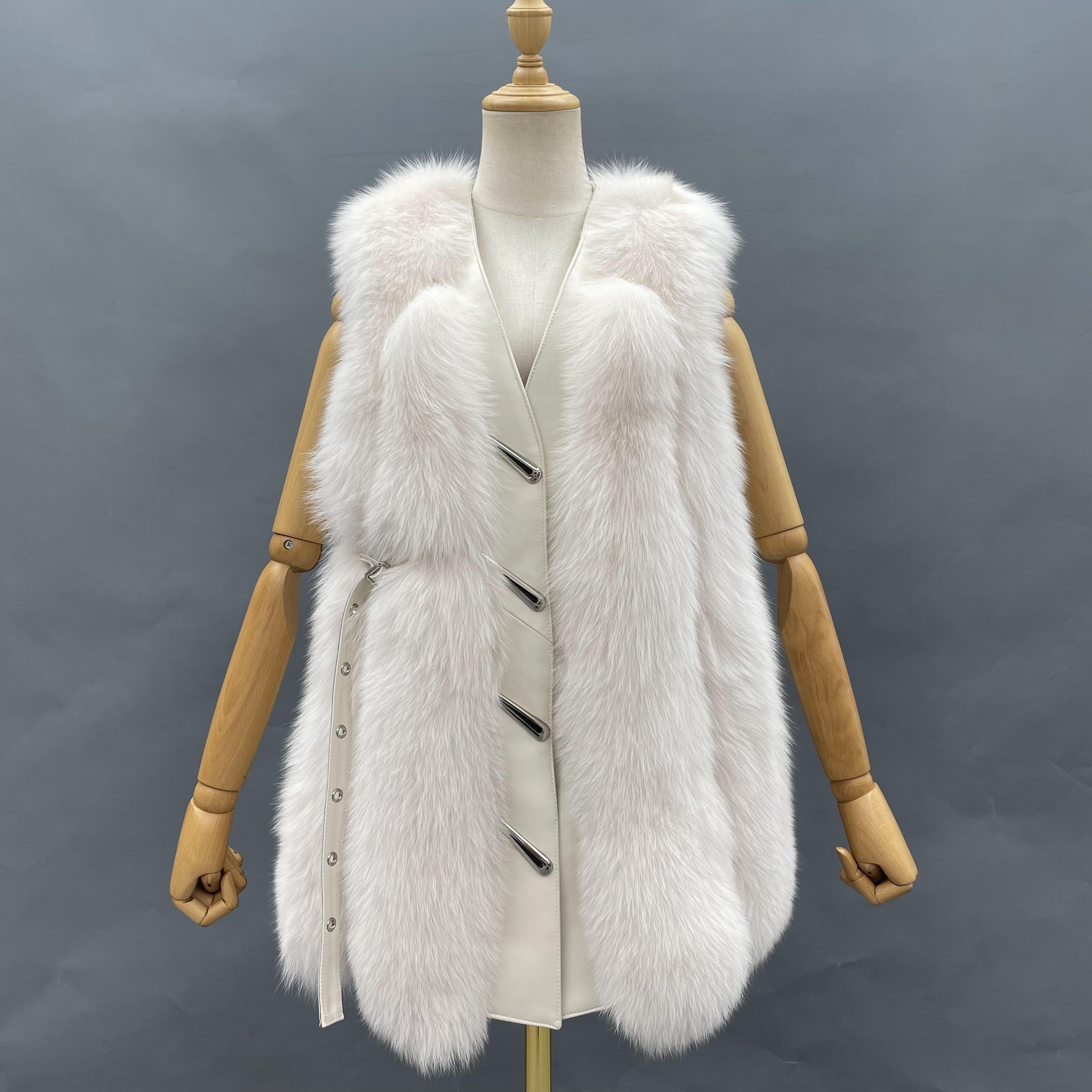 Vertical Stripe Buckle Decorated Draped Fox Fur Vest (Long) - Janefur