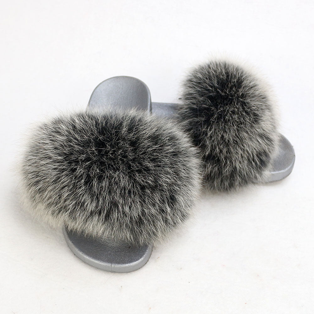 Janefur Wholesale Women's Fashion Slippers With Real Fox Fur Trim (Black, Gold, Silver Soles)