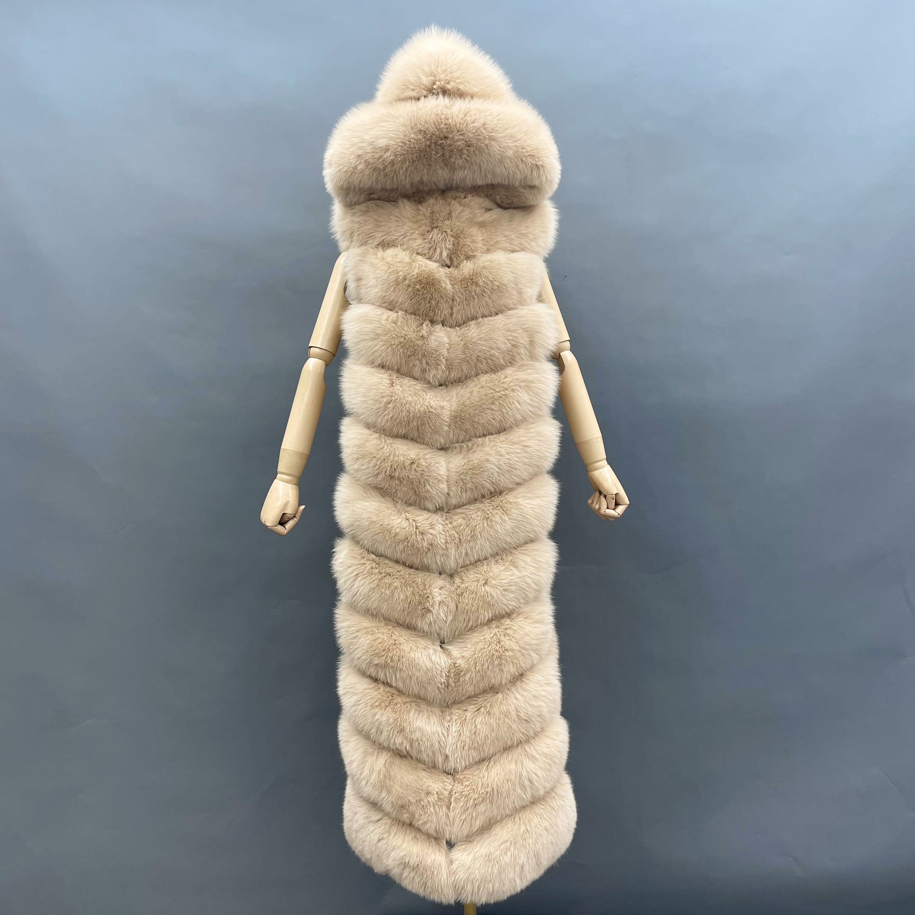 Winter Long Hooded Fox Fur Womens Luxury Vest - Janefur