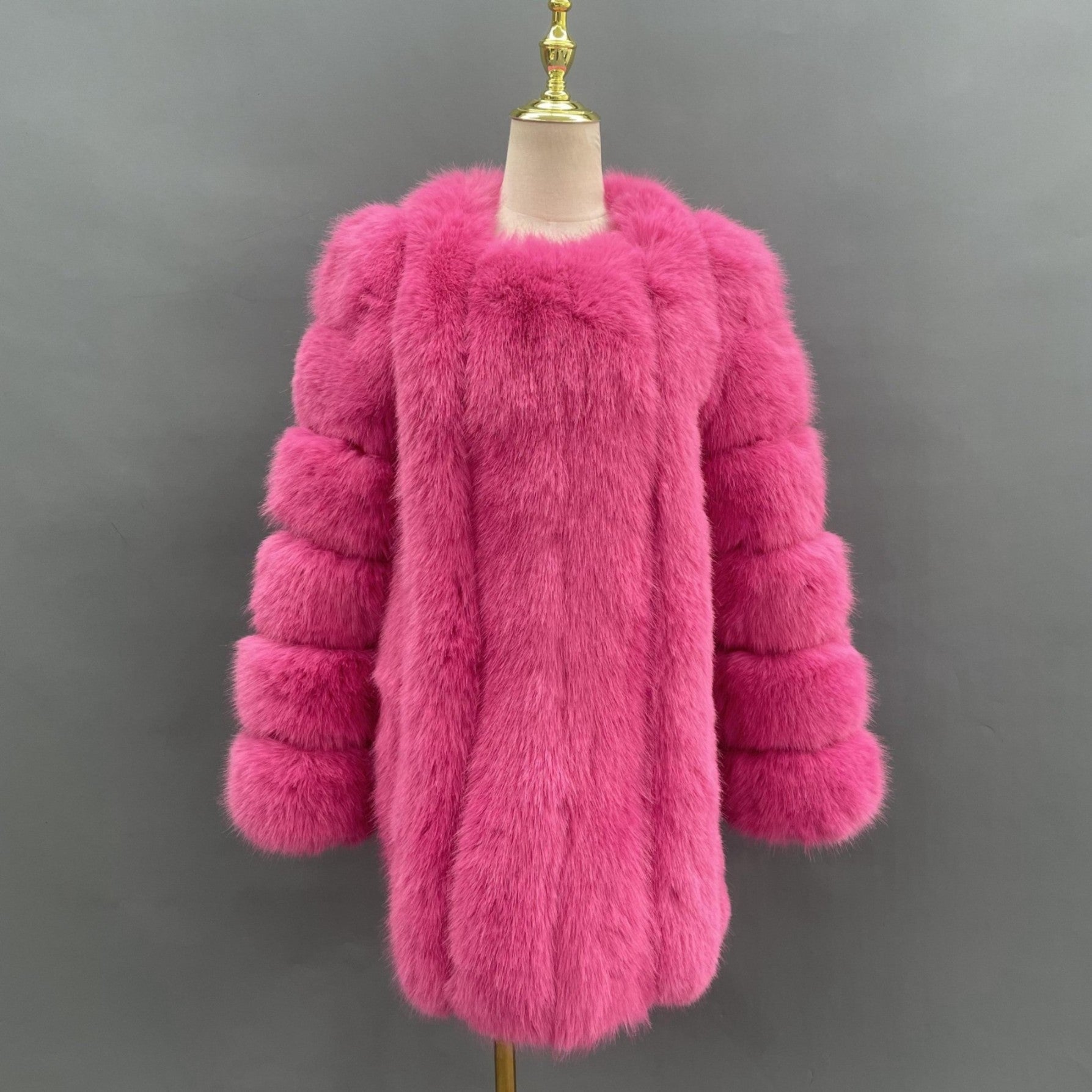 New Women's Vertical Stripe Long Faux Fox Fur Coat Eco Fur Coat - Janefur