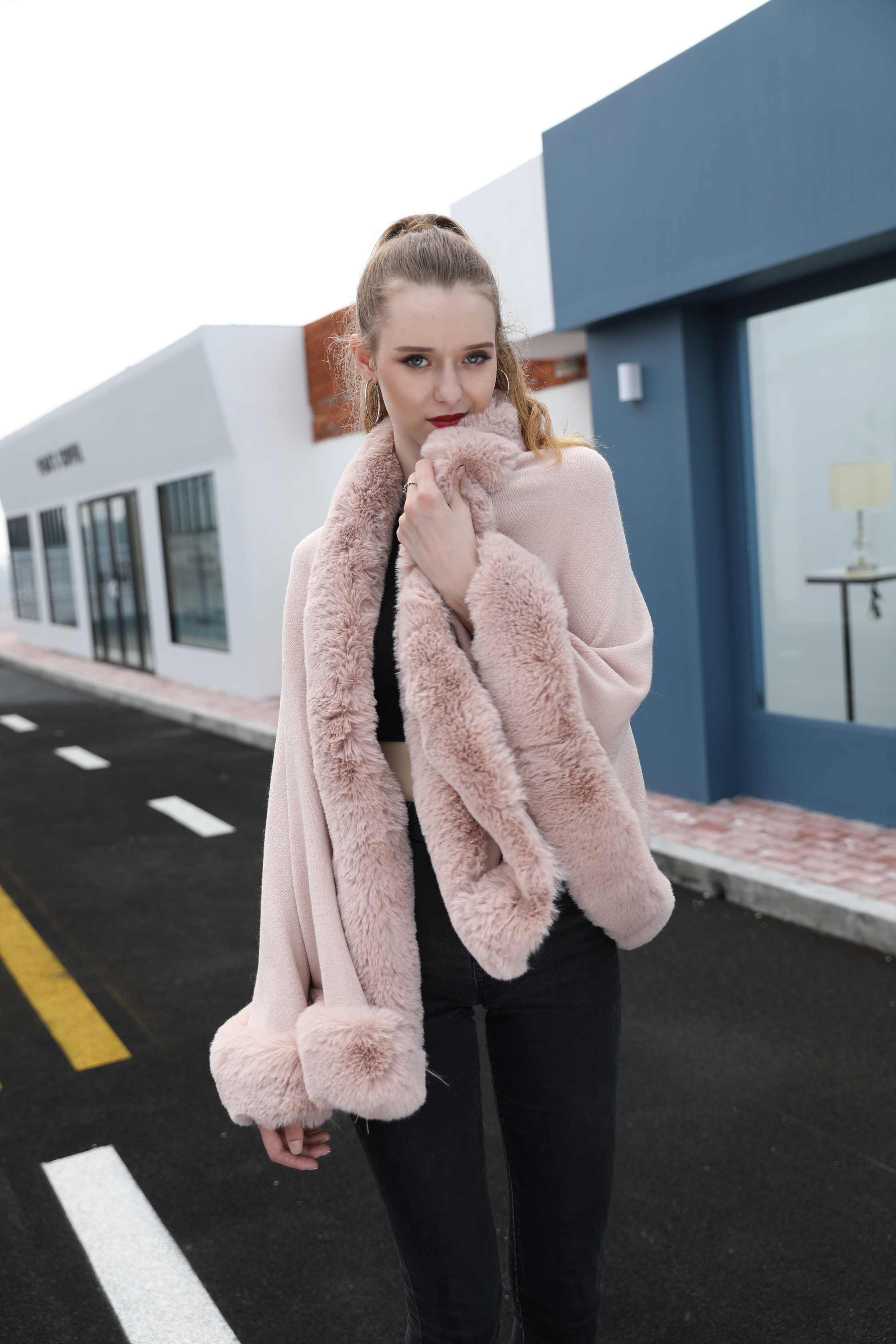 Janefur Wholesale Fashion Women Knitted Cape Shawl with Faux Fur Trim - Janefur