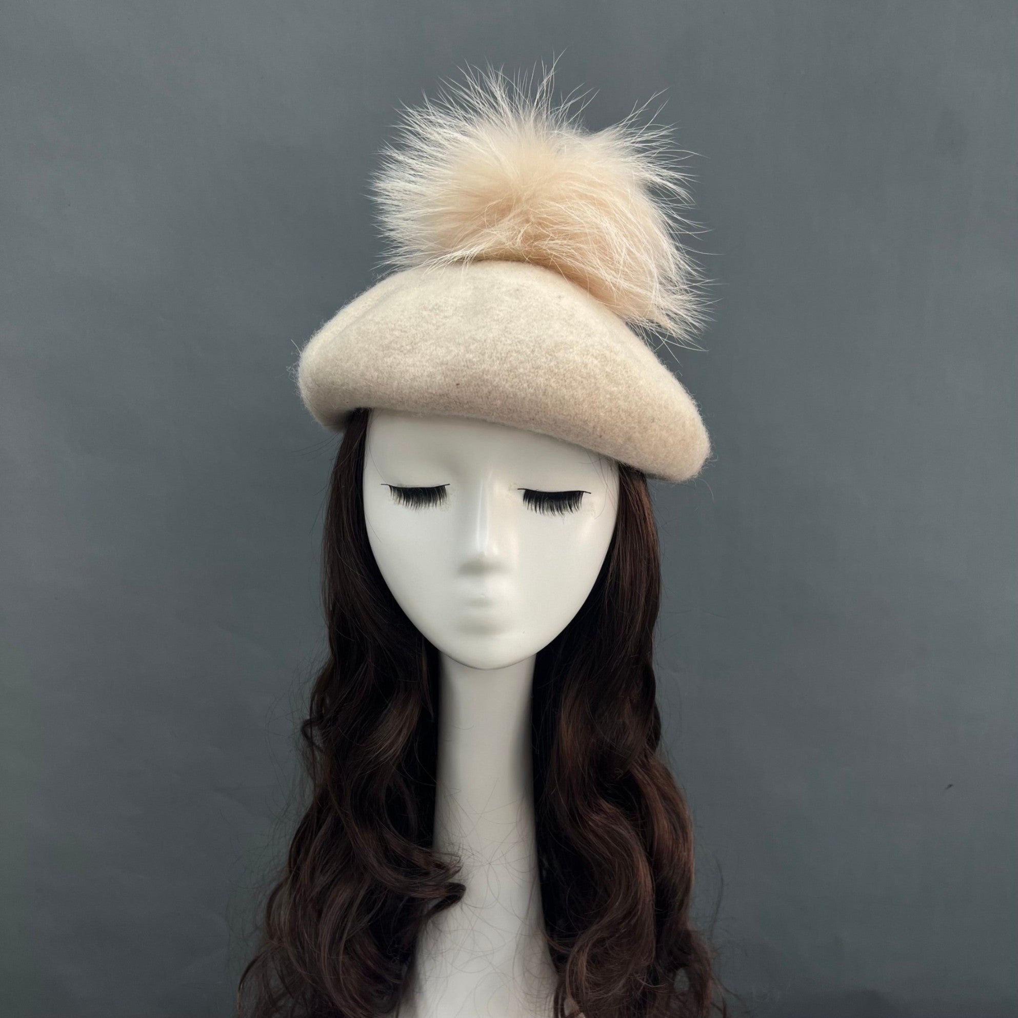 New Adult Fall and Winter Wool Beret Hat With Fur Pom Pom - Janefur