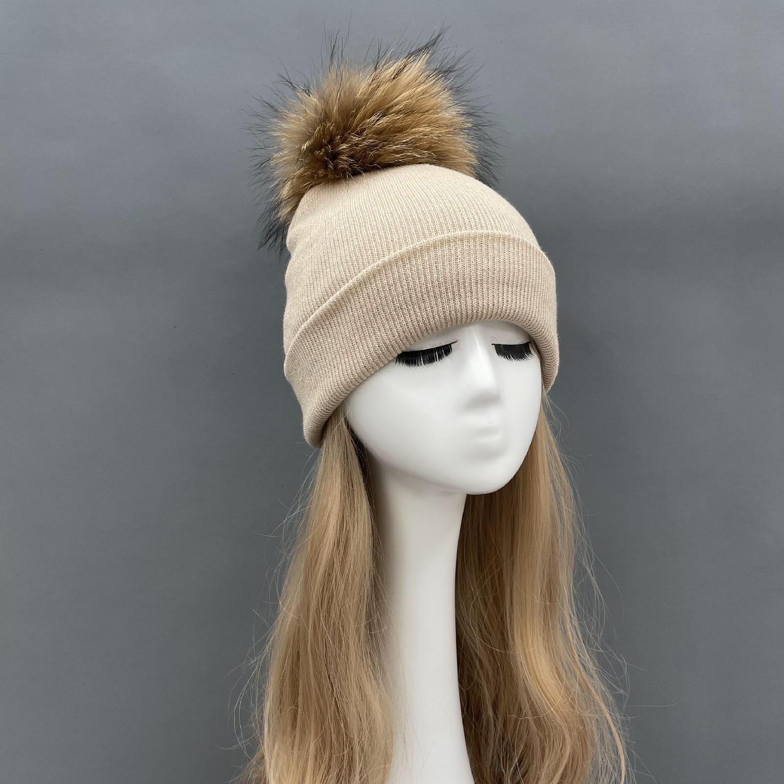 Solid Color Acrylic Knitted Hat with Single Fur Pom Pom Women's Knit Cap - Janefur
