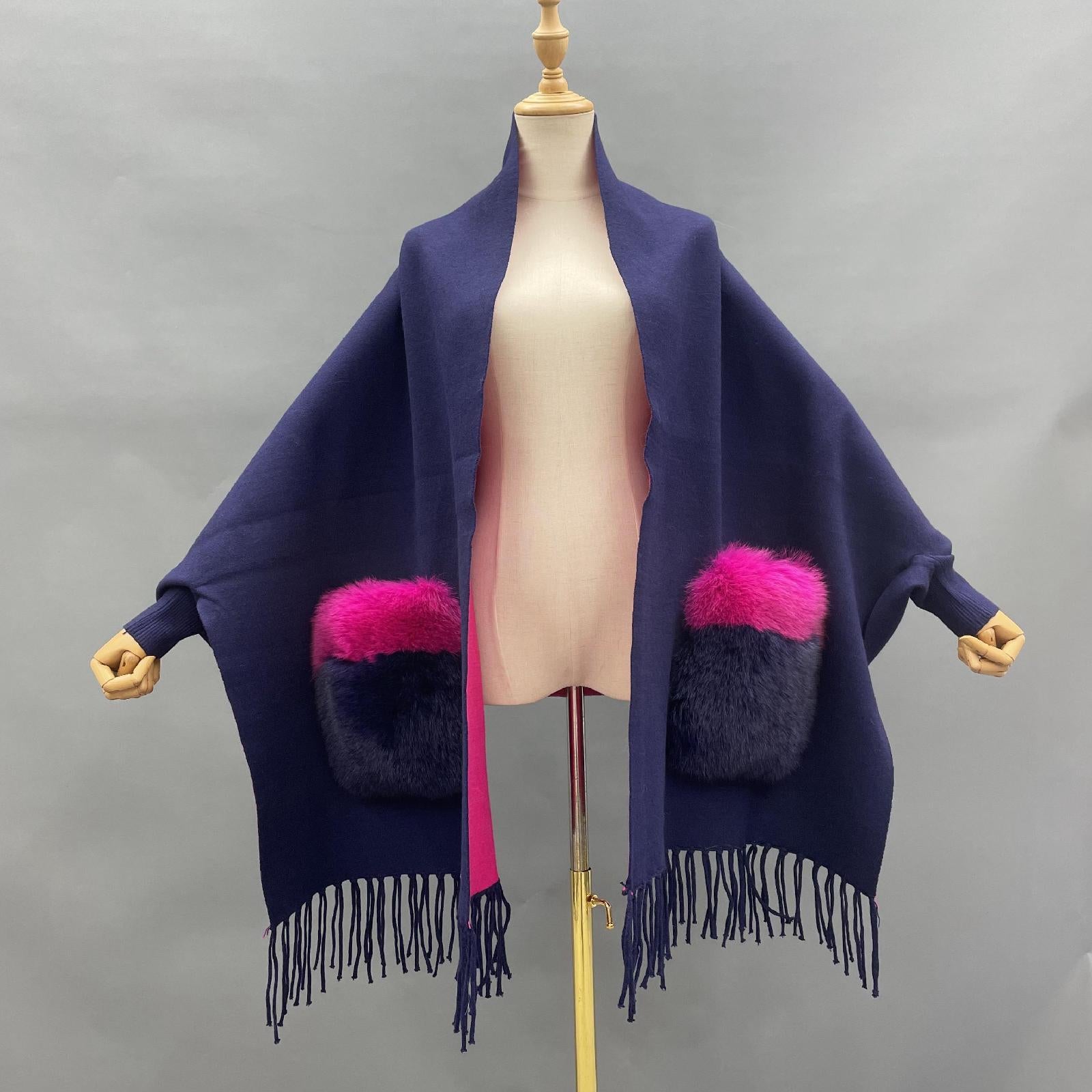 Women's Shawl Cape with Pockets Fur Contrast Ribbed Cuffs Fashionable Soft Sleeved New Cape - Janefur
