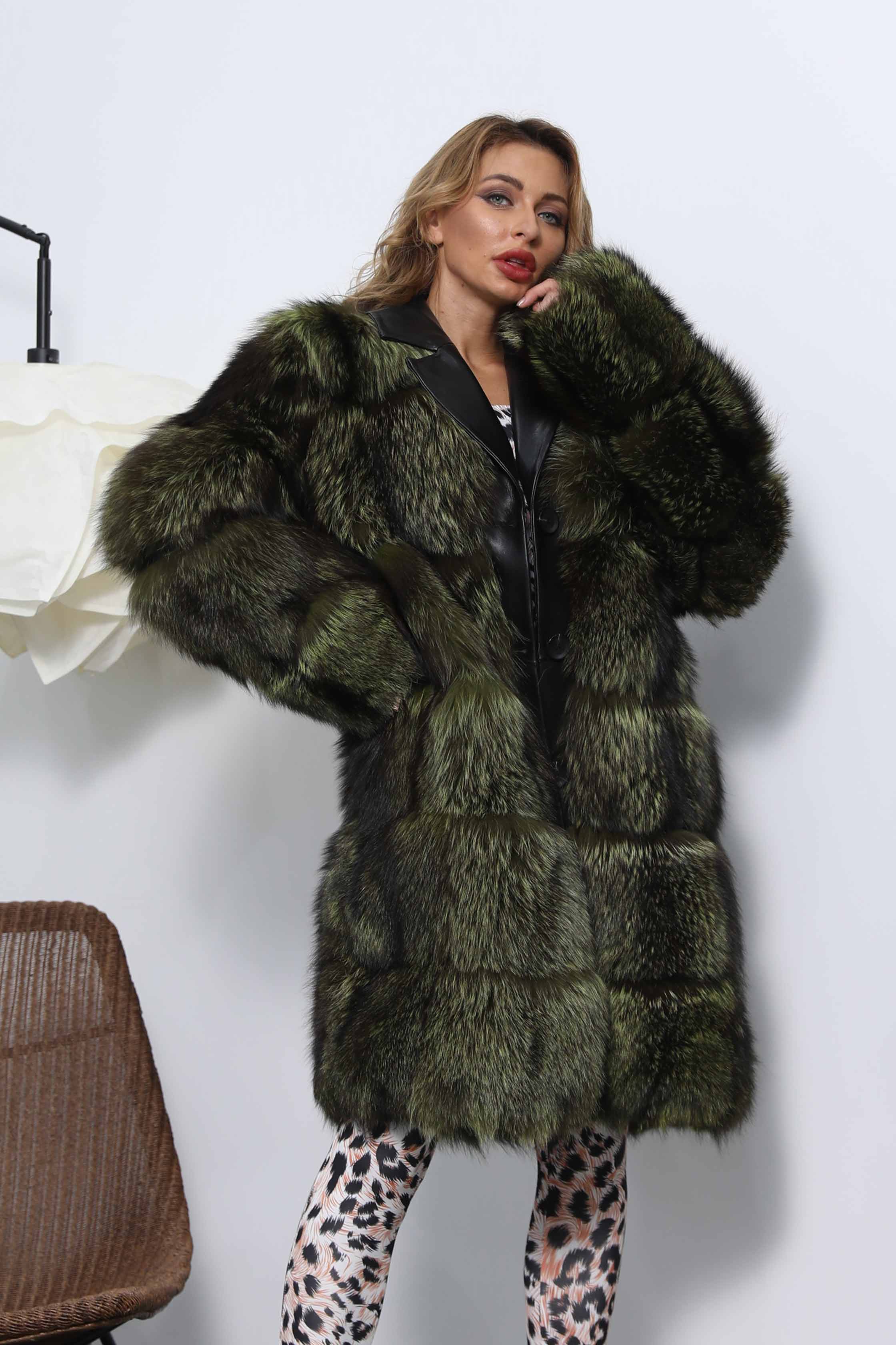 Custom Style Women's Winter Loose Long Green Real Fox Fur Coat - Janefur