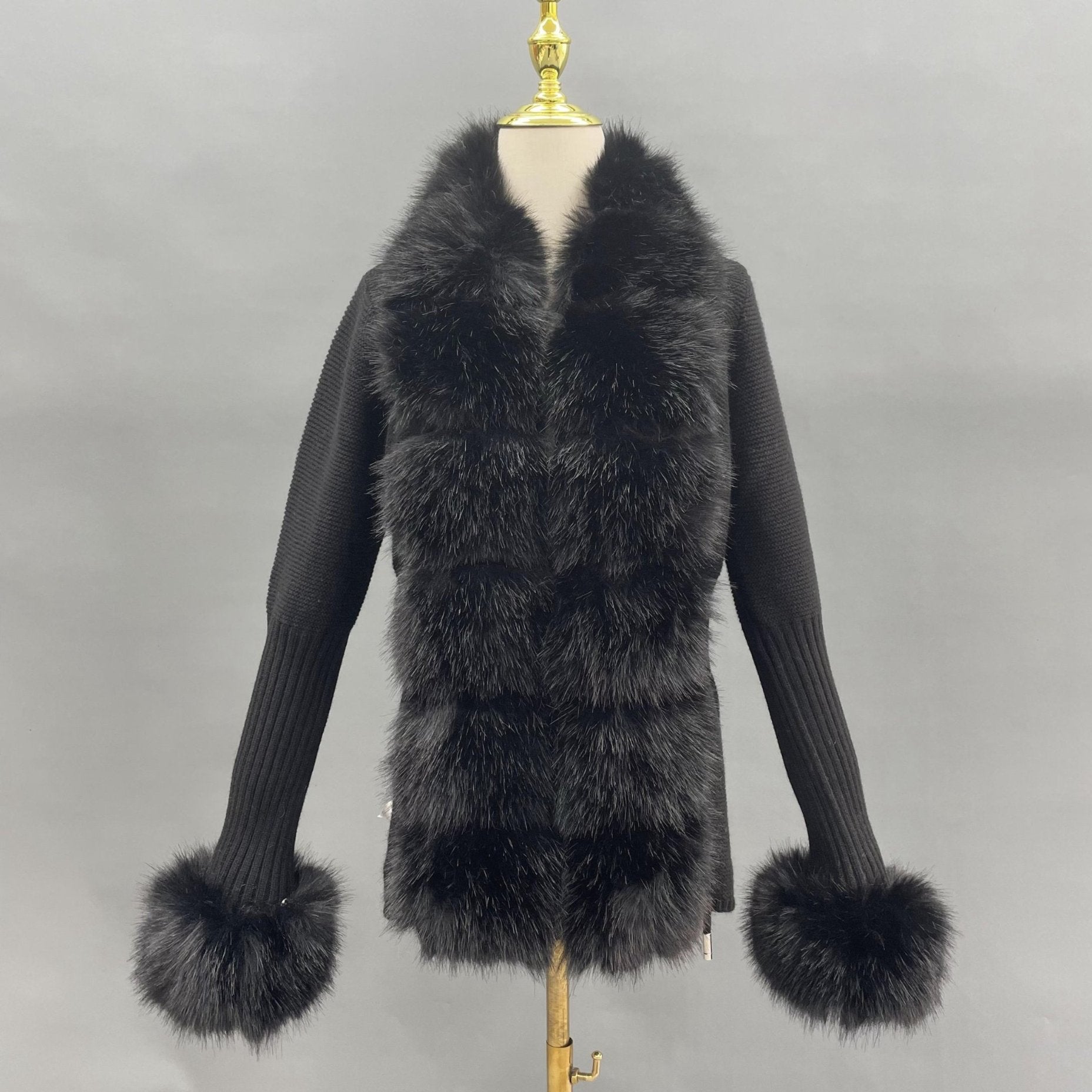 Women's Knitted Sweater Coat Cuff Placket with Eco-Fur Faux Fur - Janefur