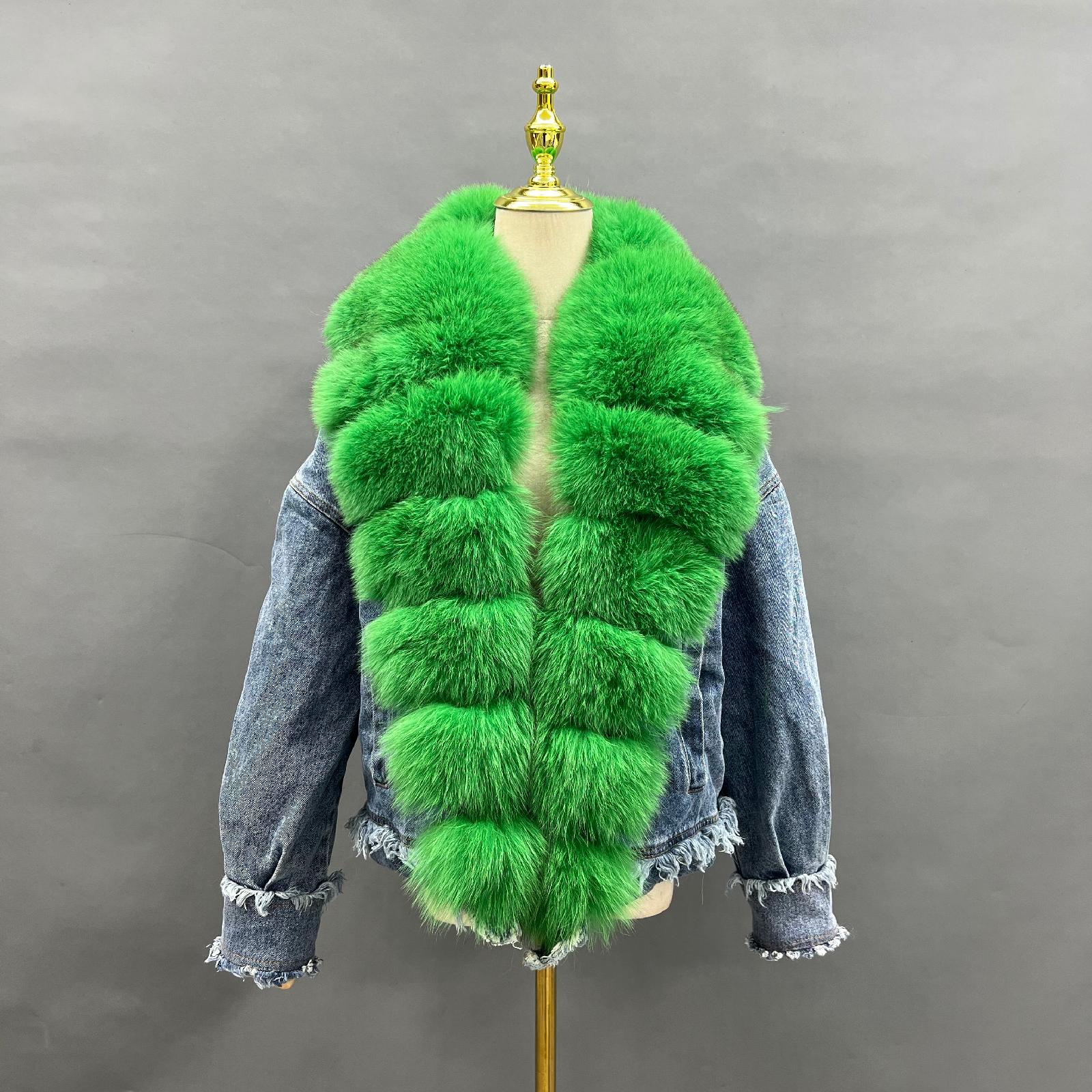 Women's Denim Jacket Leather Large Fox Fur Collar Winter Luxury Coat Fluffy Jacket Denim Blue Down Outerwear - Janefur