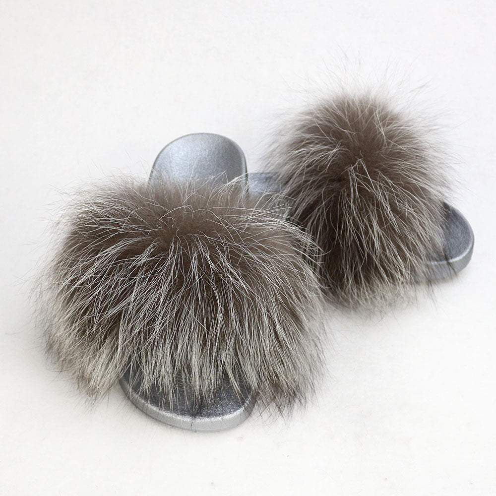 Janefur Wholesale Women's Fashion Slippers With Real Fox Fur Trim (Black, Gold, Silver Soles)