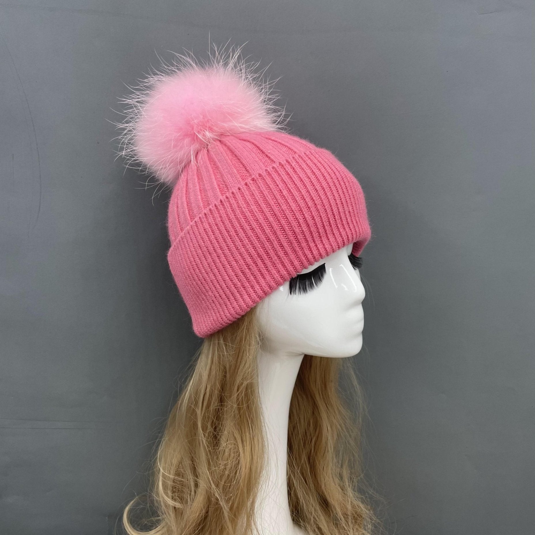 Winter Knitted Angora Beanie Hat With Removable Fur Pom Pom - Janefur