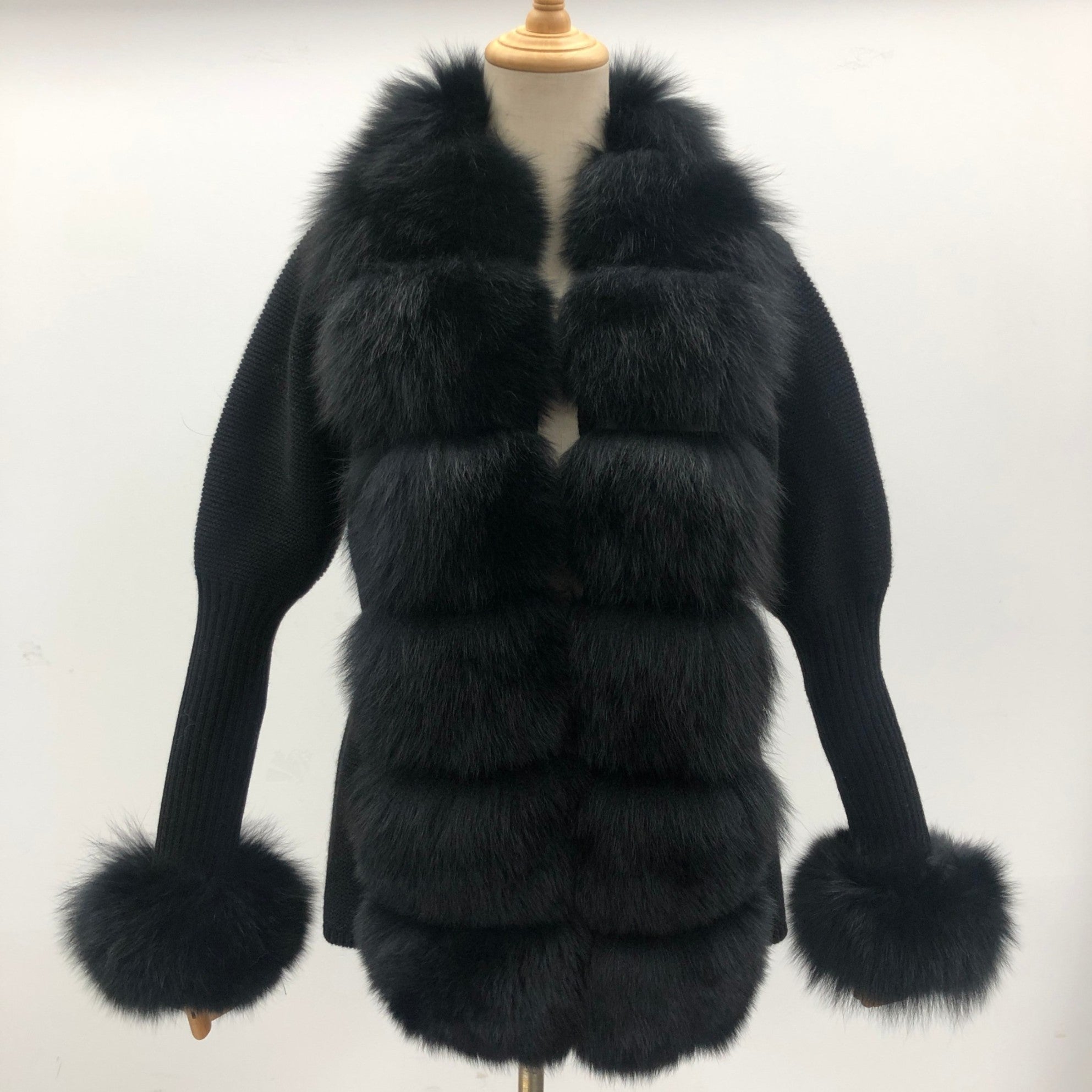 Women's Fashion Cuff Lapel with Fox Fur Knit Cardigan - Janefur